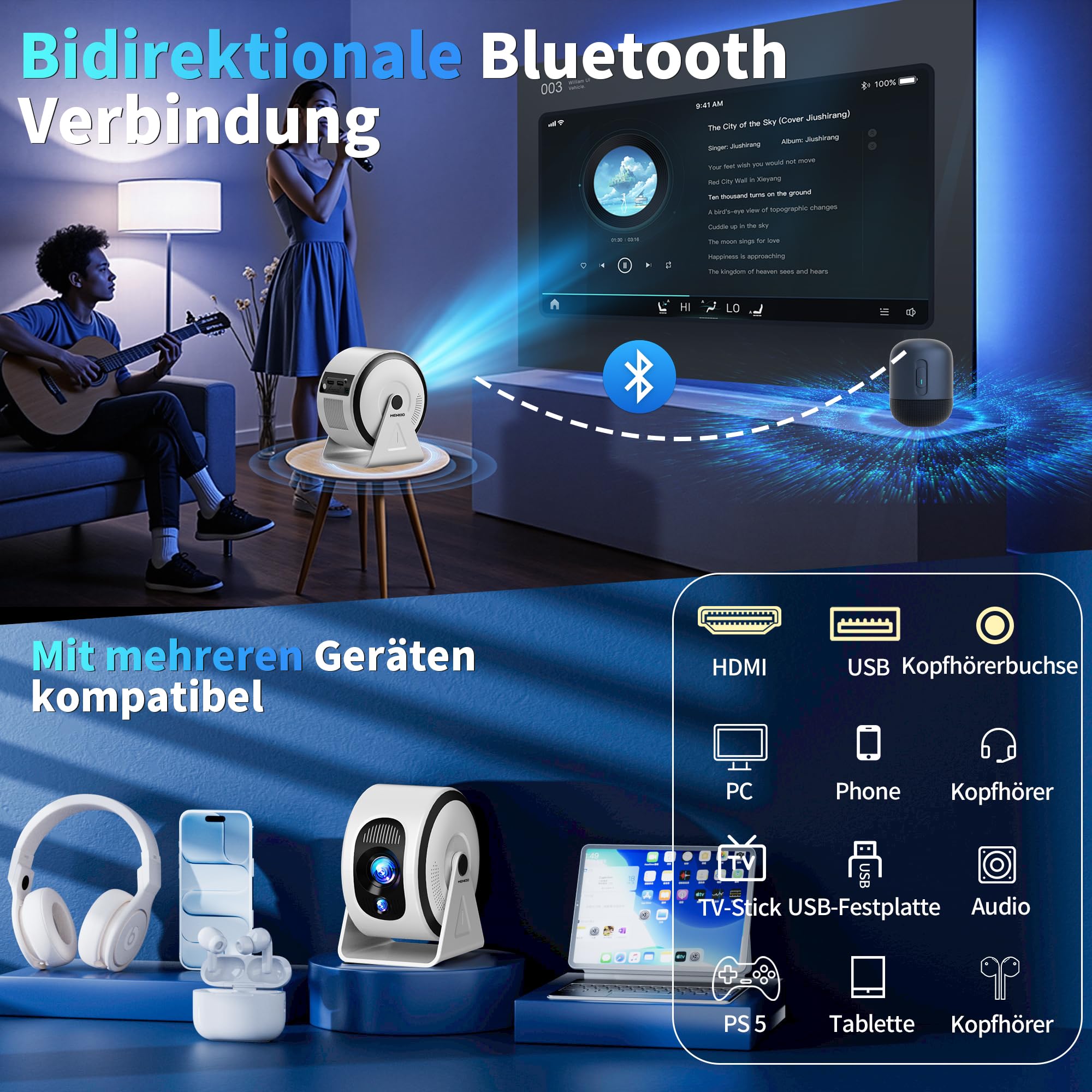 Mini proiettore [app integrate] Proiettore 4K 1080P, 2026 aggiornato Auto Focus & Auto Keystone 360 ° Proiettore portatile con WiFi 6 e Bluetooth 5.4 compatibile con HDMI/TV Stick/USB/laptop, bianco