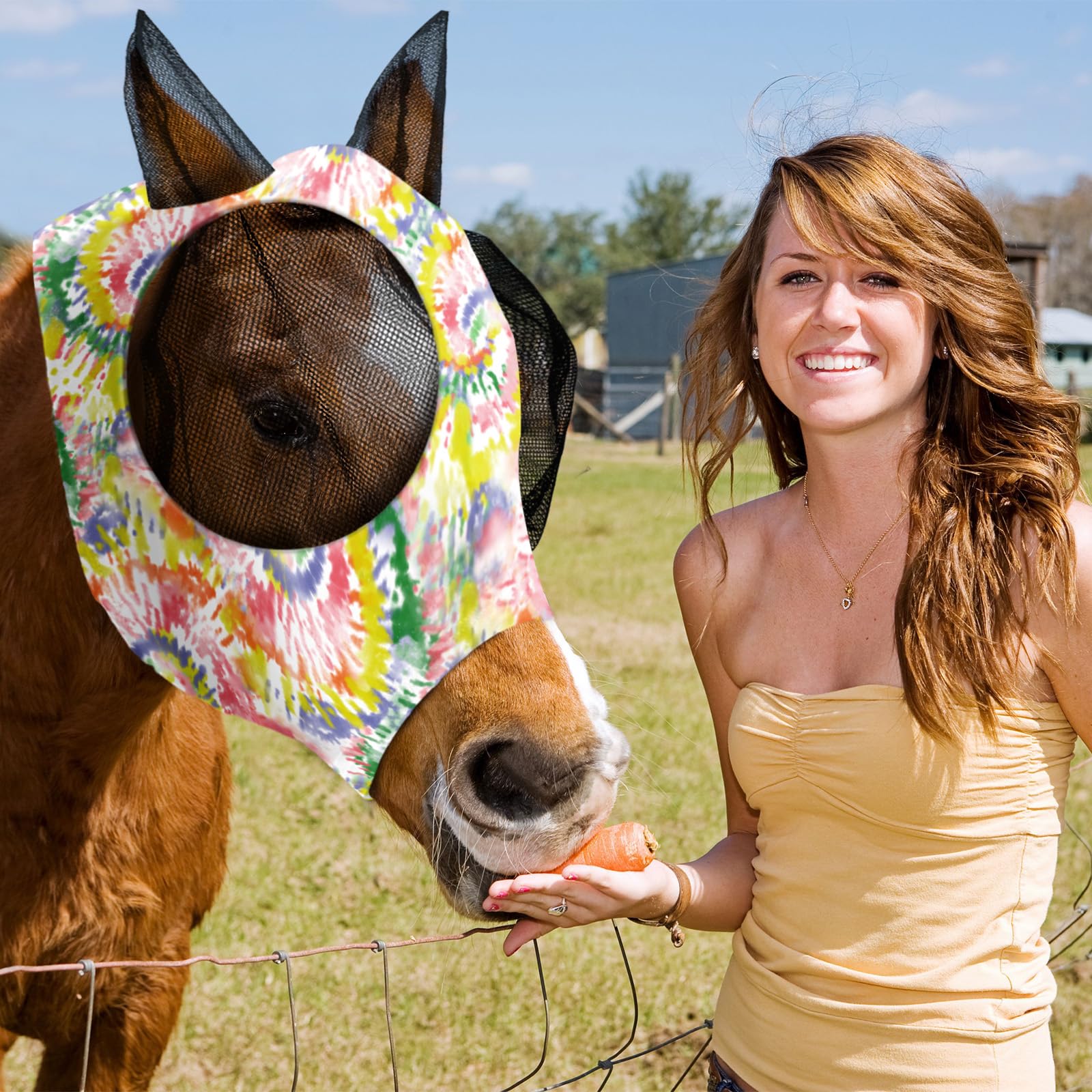 Qualirey Fliegenmaske für Pferde, bequem, elastisch, mit Ohrennetz, UV-Schutz, atmungsaktive Gesichtsbedeckung für Pony und Fohlen, Größe M, Batikmuster, 12 Stück