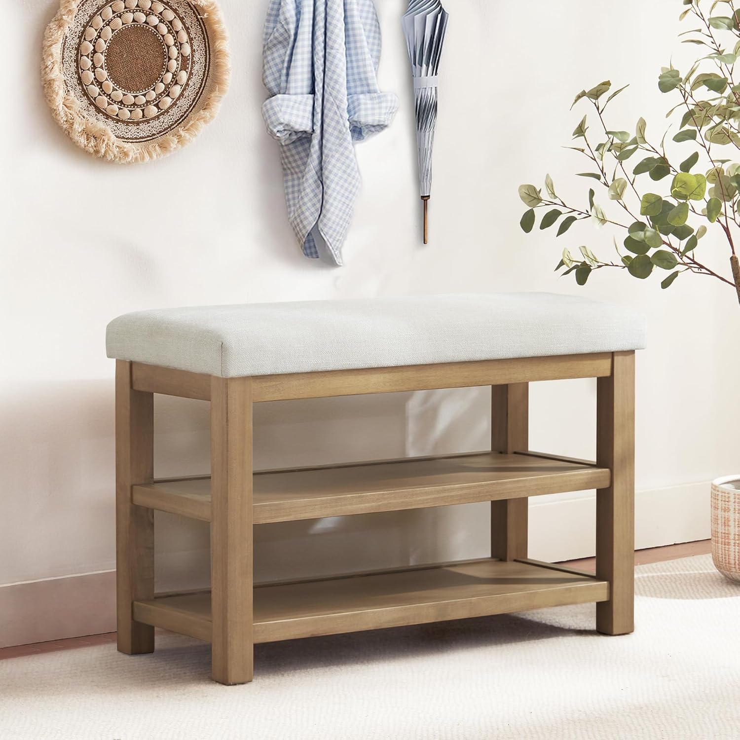 2 Tier Shoe Rack Bench with Cushion, Solid Wood Shoe Benches, Mid-Century Modern Shoe Storage Bench for Entryway, Hallway, Living Room, Closet, Front Door Entrance, (Beige, 31.5")