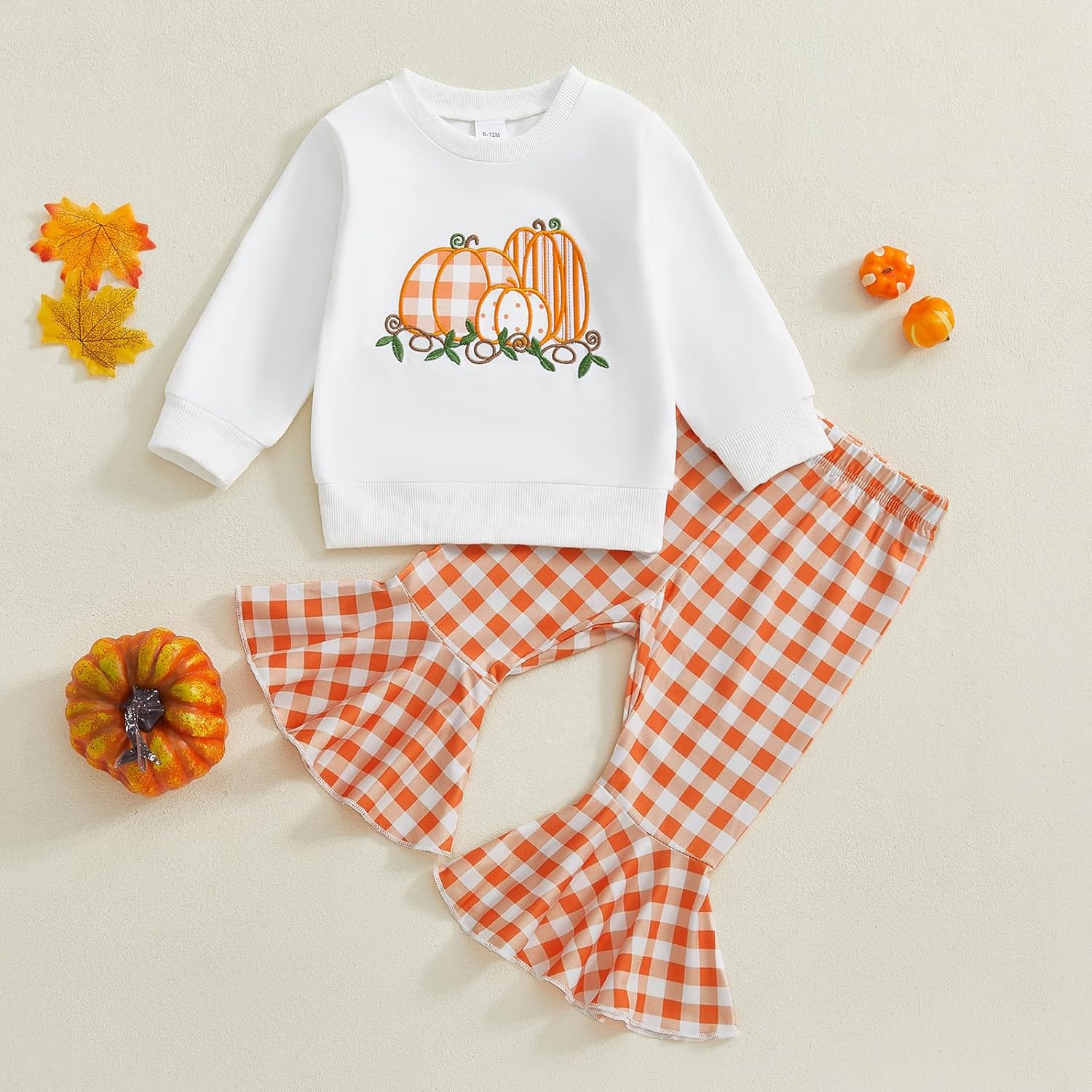 Baby Girl Halloween Outfit Long Sleeve Pumpkin Tops and Plaid Flared Pants Toddler Girl Fall Winter Clothes - Image 5