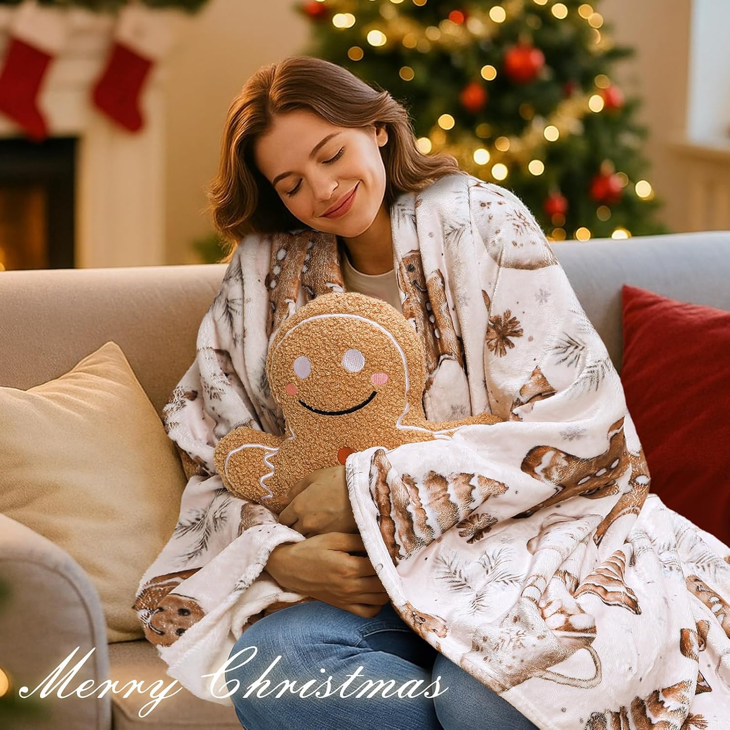 Breling 2 Pcs Christmas Gingerbread Man Throw Blanket and Pillow Set Soft Flannel 51 x 59'' Gingerbread Christmas Blanket and Pillow Xmas Gift Fuzzy Cozy Soft for Home Bed Sofa Couch Office Room Decor - Image 4