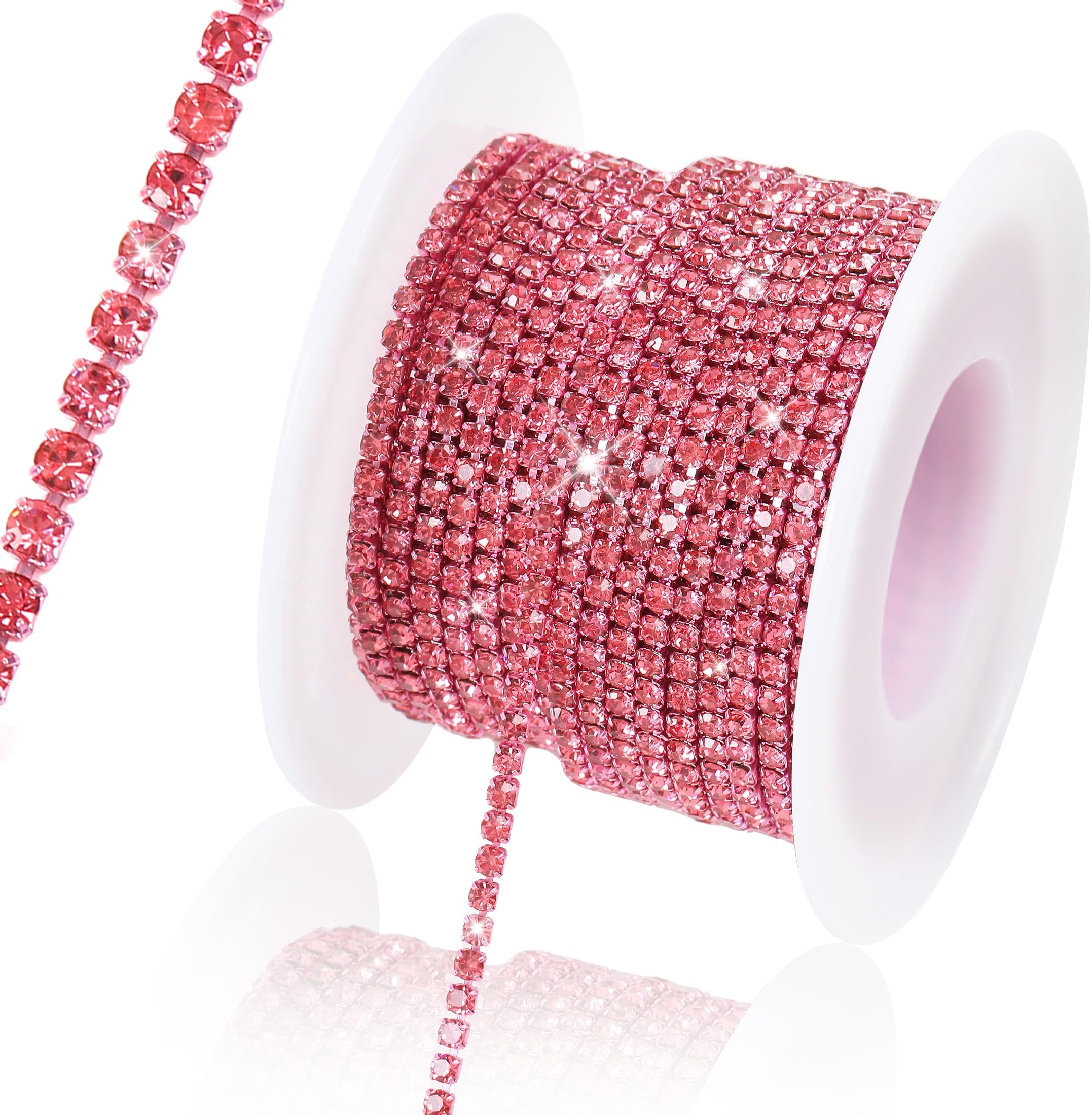 Rytenz 10 Yards 2 MM Rhinestone Chain Trim Crystal Rhinestone Close Chain Trim Rhinestone Chain, for Sewing Crafts, DIY Decoration, Jewelry, Clothing, Shoes (Dark Pink)
