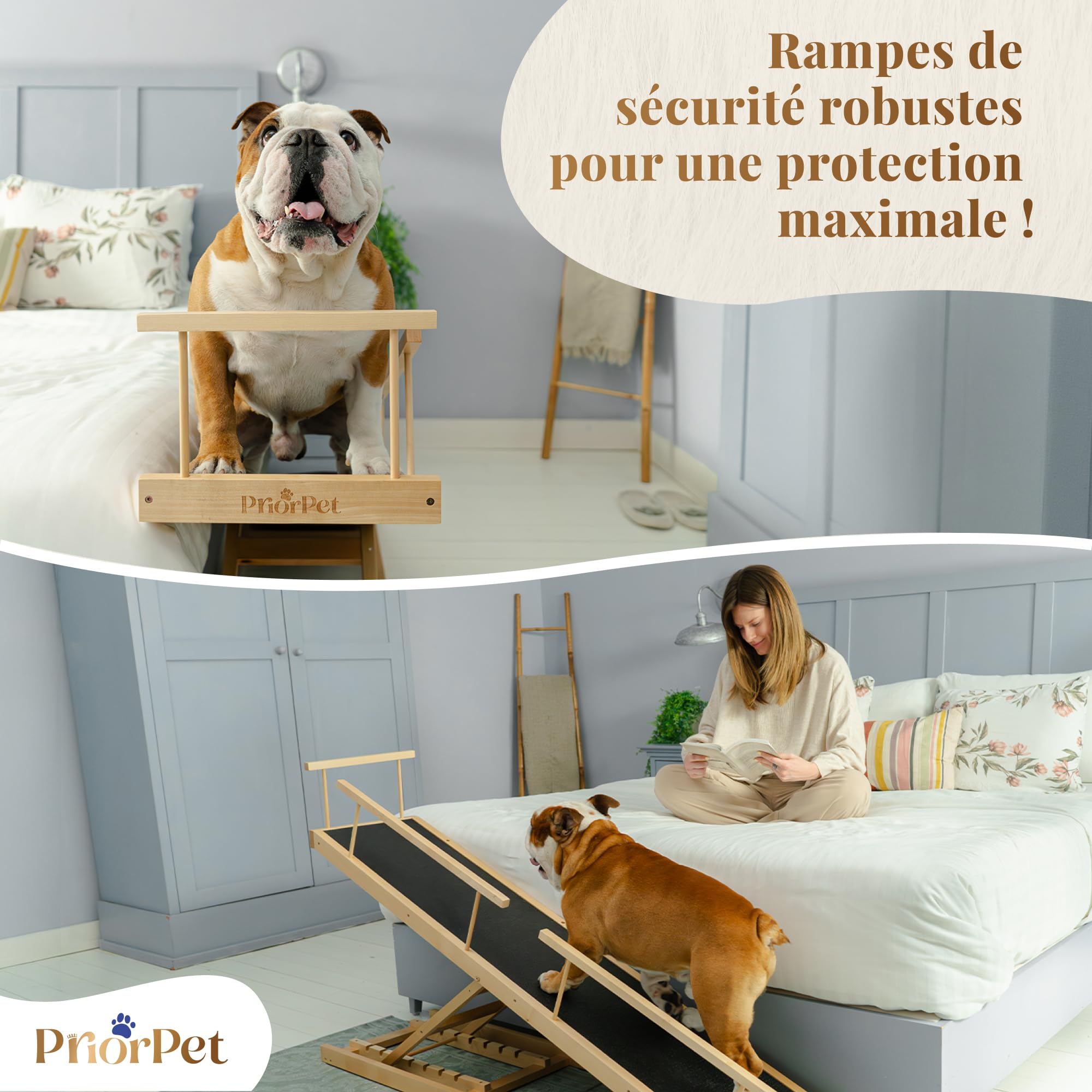 Rampe pour Chien Lit avec Barrières de Sécurité - Escalier pour Chien PRIORPET - Bois de Bouleau - pour Lit Haut jusqu'à 94.5 cm - Pliable -Poignée antidérapante-pour Les Chiens jusqu'à 23kg- Naturel