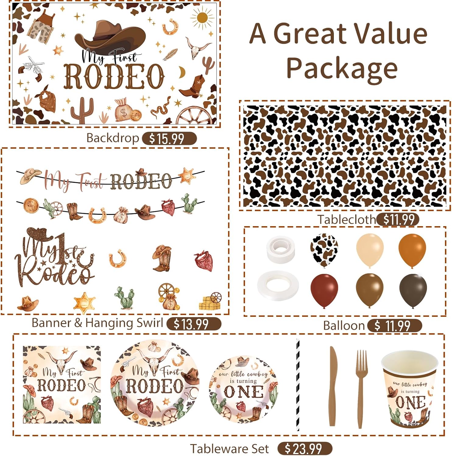 249PCS My First Rodeo Decorations Boy, All-in-1 First Rodeo Theme Party Pack, with 20 Plates, Cowboy Hat, Backdrop Tablecloth Balloon Arch for 1st birthday boy, Serves 20 Guests thumbnail