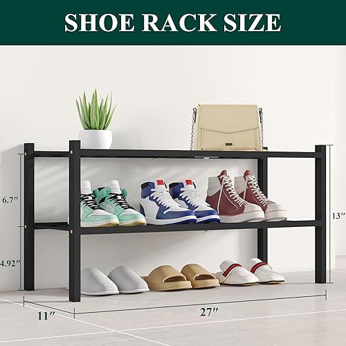 Miniatura 2 de Smiry Zapatero de bambú de 2 niveles, apilable, estante de almacenamiento de zapatos de madera para armario, entrada, entrada de puerta delantera,