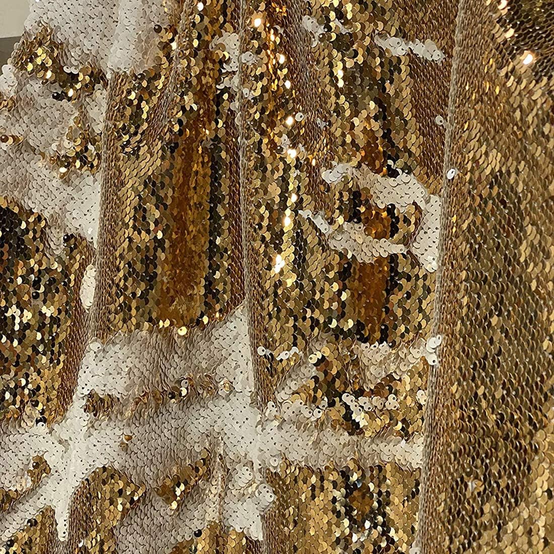 Urquid Linen, Reversible Flip-Up Sequin Sewing Fabric, Arts and Crafts, Used for Clothing, Event Decorations, Decorative Pillows, Drape Panels, Sparkly Fabric (10 Yards, Gold/White)
