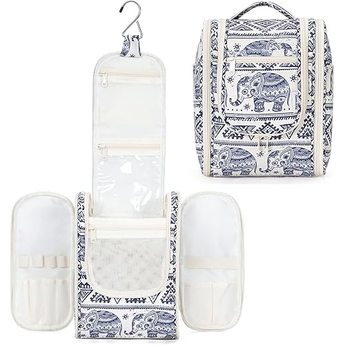 Narwey Small Hanging Toiletry Bag Women Travel Makeup Bag Organizer Toiletries Bag for Travel Size Essentials Accessories Cosmetics (Medium, Elephant)