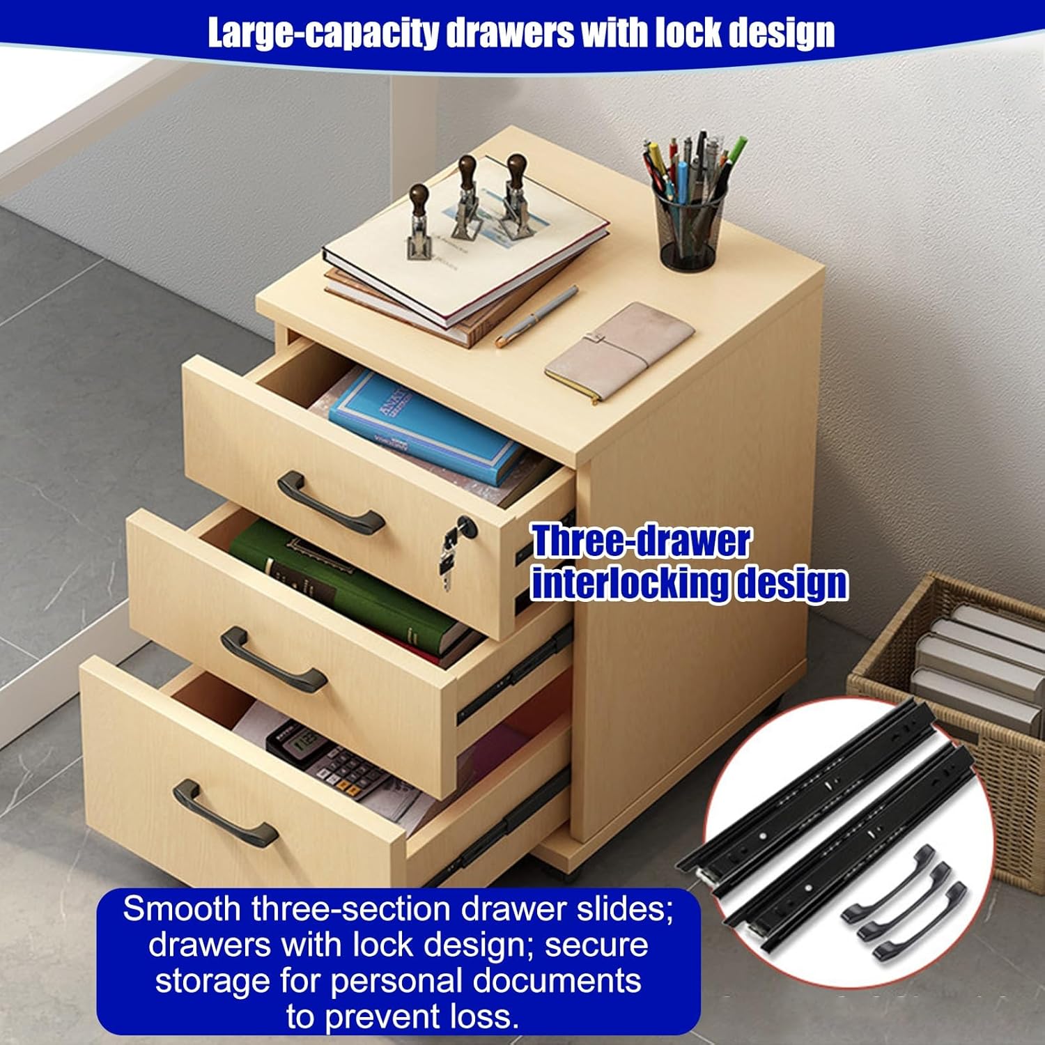 3-Drawer File Cabinet, Mobile Filing Cabinet with Lock, Under Desk File Organizer for Home Office, Fits Letter/Legal/A4 Files Under Desk, Fully Assembled Except Casters(Black+White)