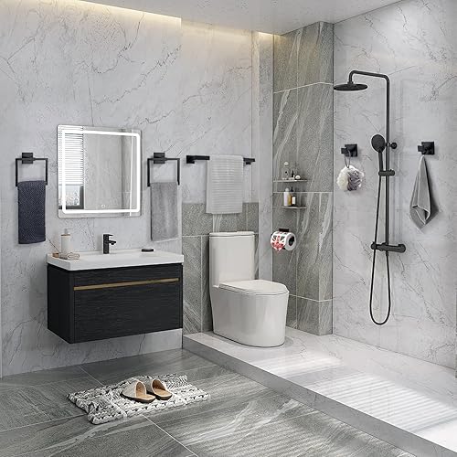 Miniatura 8 de TQKAG Juego de toallas de baño de 6 piezas, color negro mate de 23.6 pulgadas, toallero de acero inoxidable, gancho para abrigo y soporte para papel