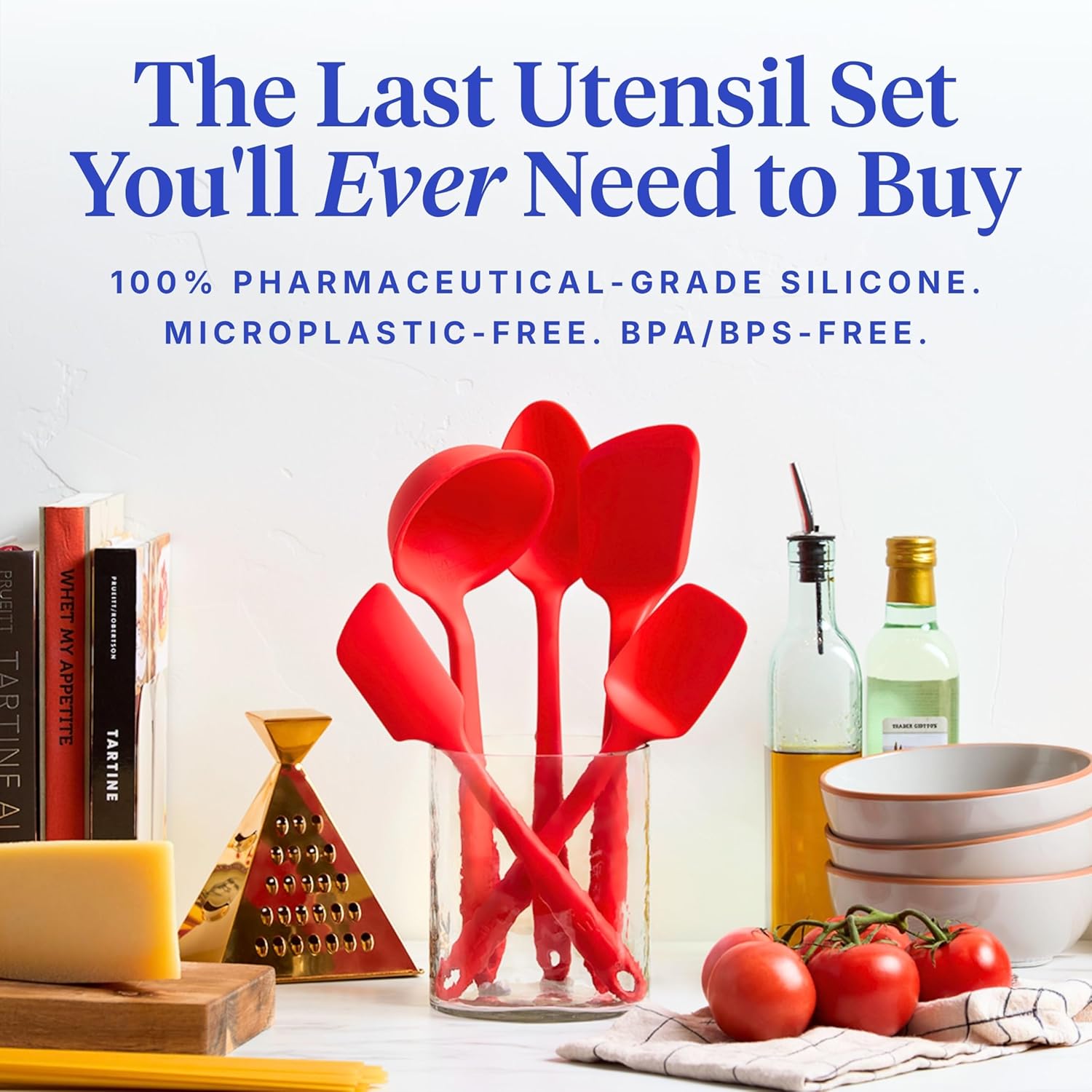 GIR 5-Piece Silicone Kitchen Utensils Set, Non-Toxic Cooking Utensils for Cooking and Baking, Heat Resistant, Food Grade, Dishwasher Safe Rubber Spatula, Ladle, Spoon - Fire Red