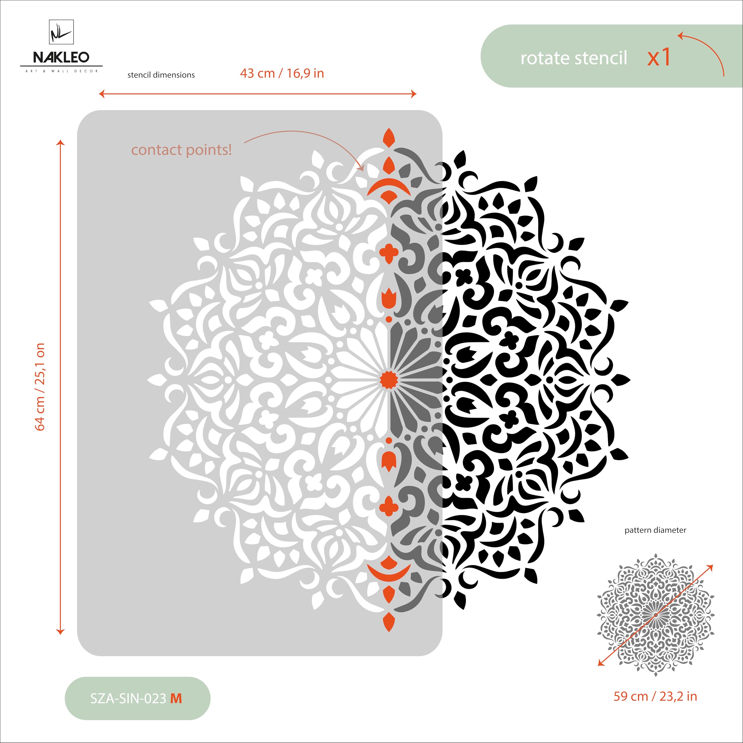 NAKLEO Pochoir Mandala pour Peinture Murale Grand Format Diamètre 59 cm - M, Modèle en Plastique et Réutilisable, Oriental Cercle Ornement, DIY Bricolage Artisanat Décoration, Bois Tissu Mueble