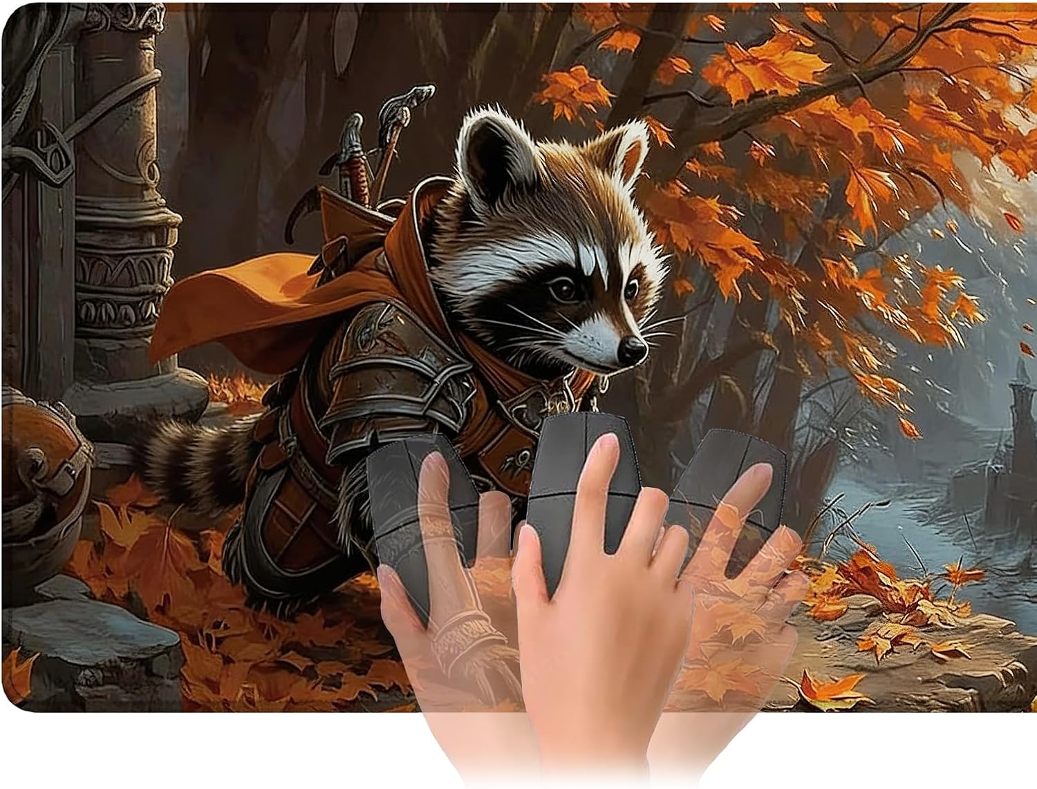 Playmat for MTG Raccoon Knight Magic Play Mat 24x14 Inch Card Game Mat for Magic The Gathering TCG PTCG Playmat with Free Storage Bags Non-Slip Backing and Stitched Edge