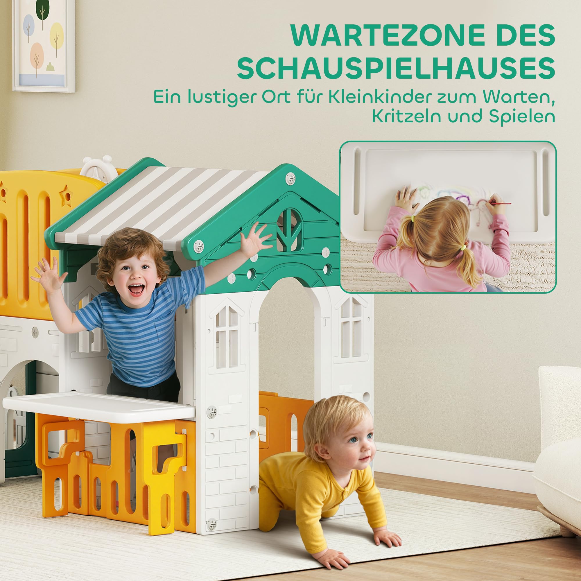 AIYAPLAY 7 in 1 Kinderrutsche mit Klettergerüst 1-4 Jahre Gelb+Grün | Kleinkindrutsche mit Basketballkorb, Tunnel, Teleskop, Stauraum, Spielhaus, Indoor und Outdoor Spielplatz, für Kleinkinder