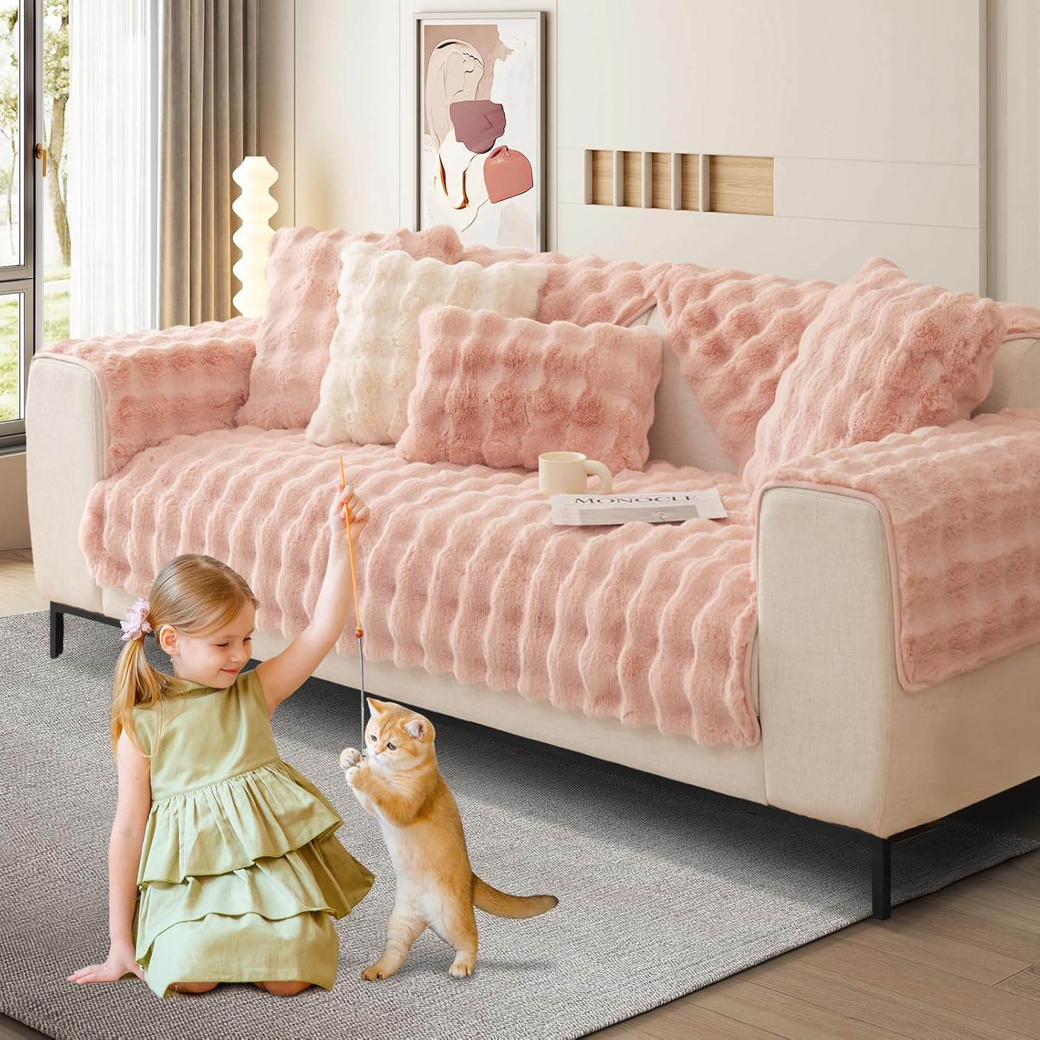 cjc Thick Rabbit Plush Sofa Cushion, 2024 New Non-Slip Sofa Seat Cushion Cover, Universal 1 2 3 Seater Funny Fuzzy Couch Cover, Furniture Protector Fluffy Slipcovers for Living Room (70 * 90cm)