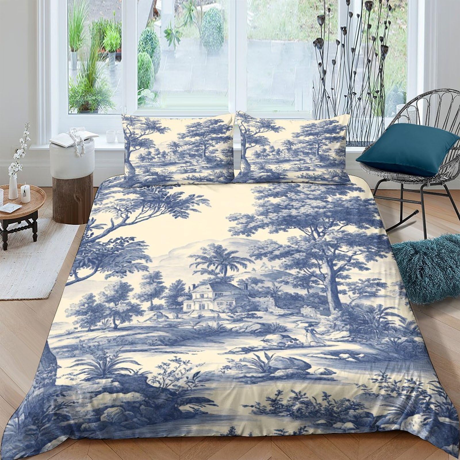 Ctjqhvkz Style-8 3D Printed Vintage Landscape Fitted Sheet Microfiber Soft Blue Toile Mattress Cover For Bedroom Guest Room Decor Single（135X200cm）