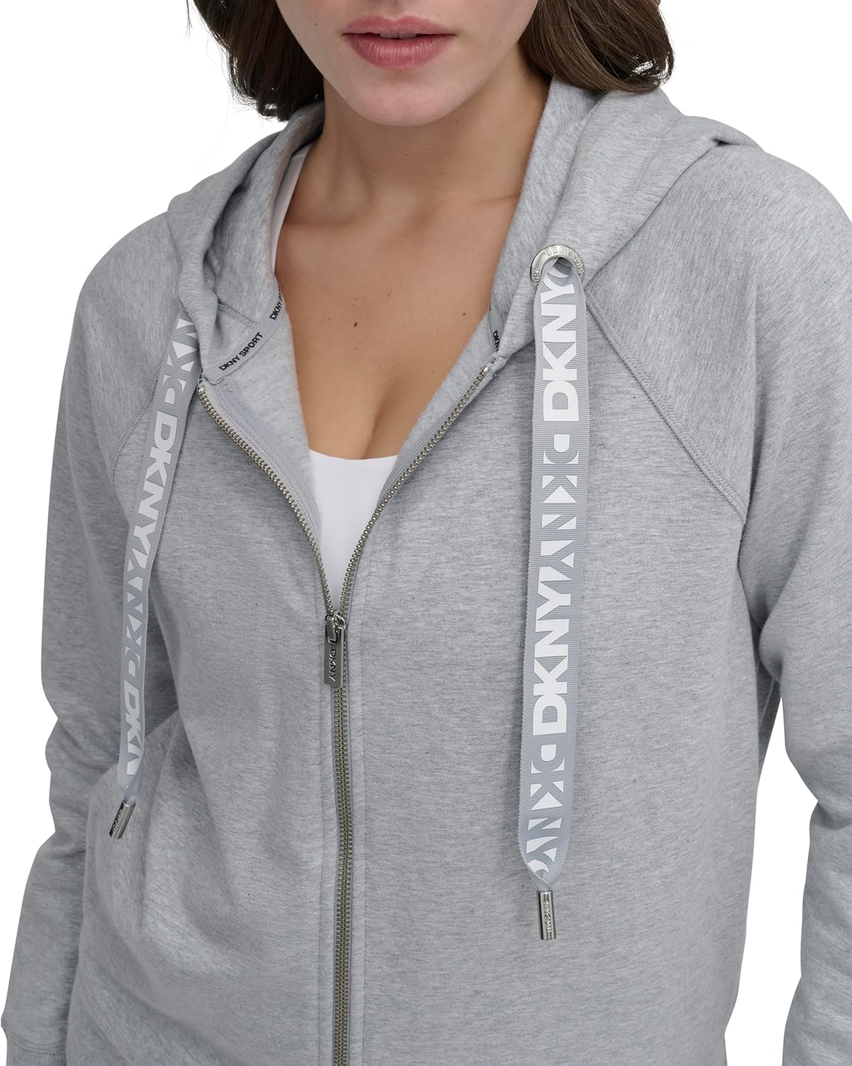 DKNY womens Two Tone Logo Drawcord Full Zip Hoodie Sweatshirt - Image 5