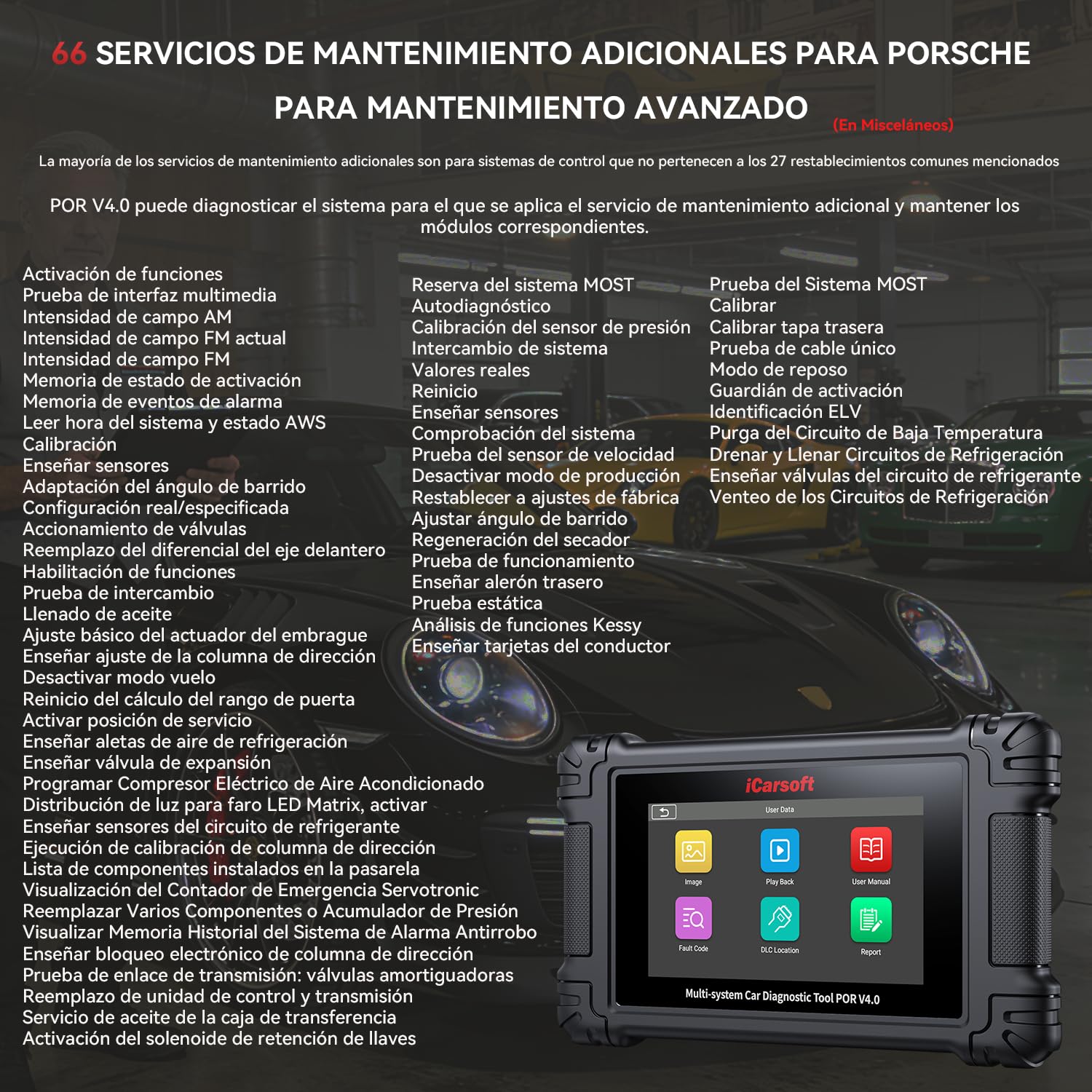 iCarsoft por V4.0 Herramienta de Diagnóstico para Porsche +2 Marcas de Vehículos Extra, Escáner OBD2 con Prueba Bidireccional/26 Servicios (177 Subservicios) +66 Servicios Extra, Registro de Batería