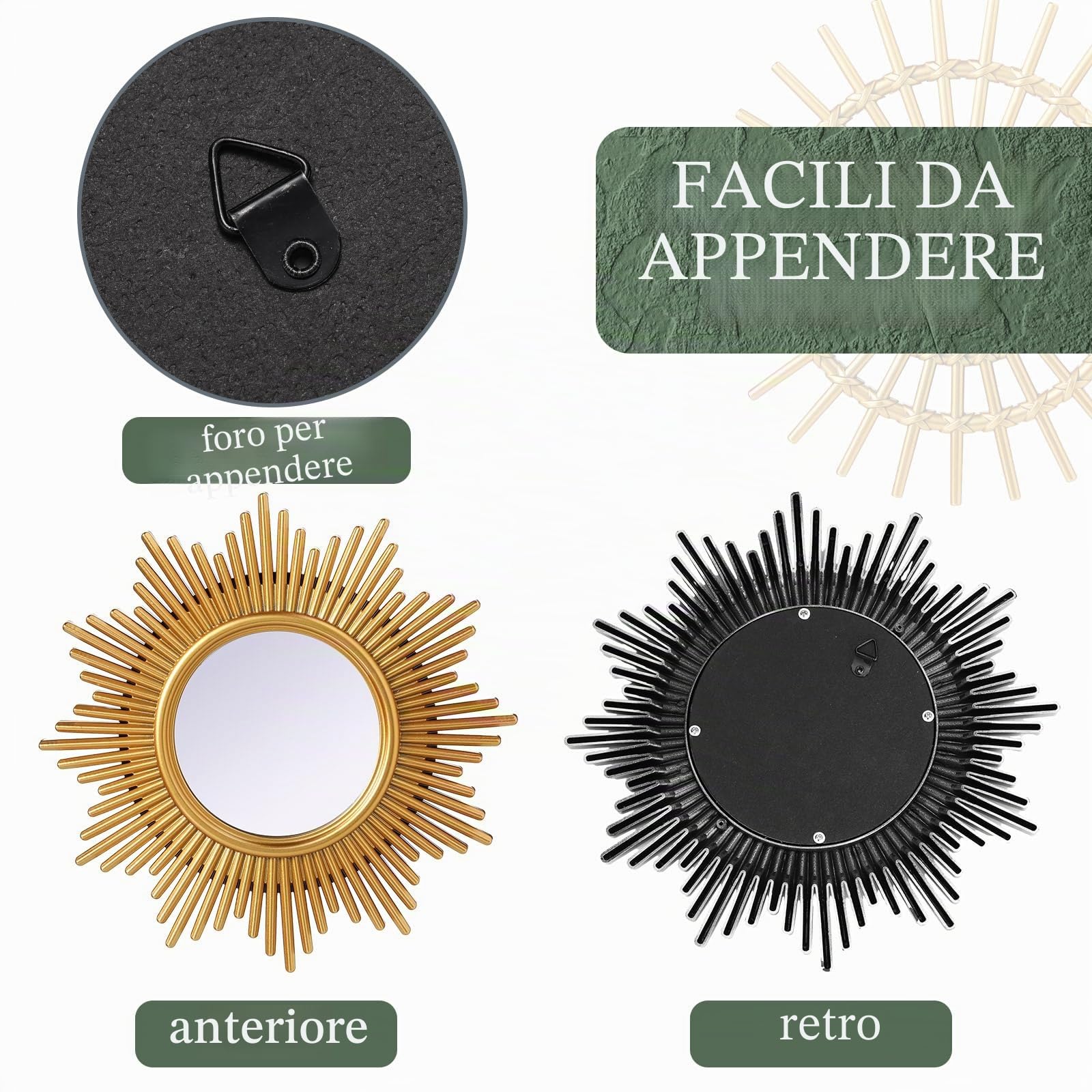 Namalu 6 Specchi da Parete Decorativi Specchi di Sole Circolari Piccoli Specchi d'Arte per Decorazione da Muro Specchio Rotondo da Appendere per Ingresso per Casa Bagno Sala (Oro, Elegante)