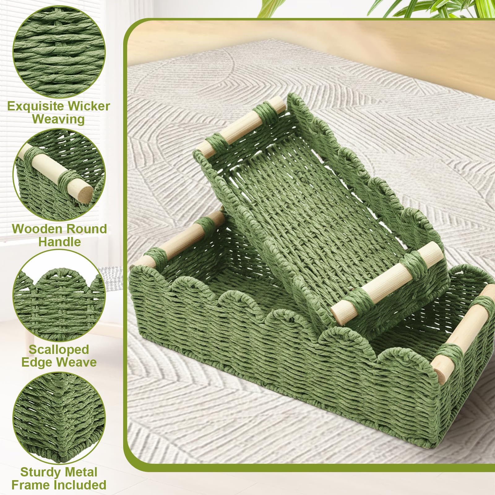 Set di 2 Cestino Portaoggetti, Cesto Vimini Portaoggetti Intrecciato con Maniglia,Organizer Bagno, Impilabile Cestini Stoccaggio Organizer Fasciatoio per Cameretta Salotto Bagno (Verde)