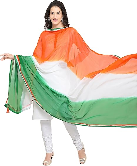 TIRANGA DUPATTA - Republic Day Special Hand Dyed Tri color Chiffon Dupatta - Border embellished with 3 Step Stitch Tricolor Lace Work beautified With Tassels at ends