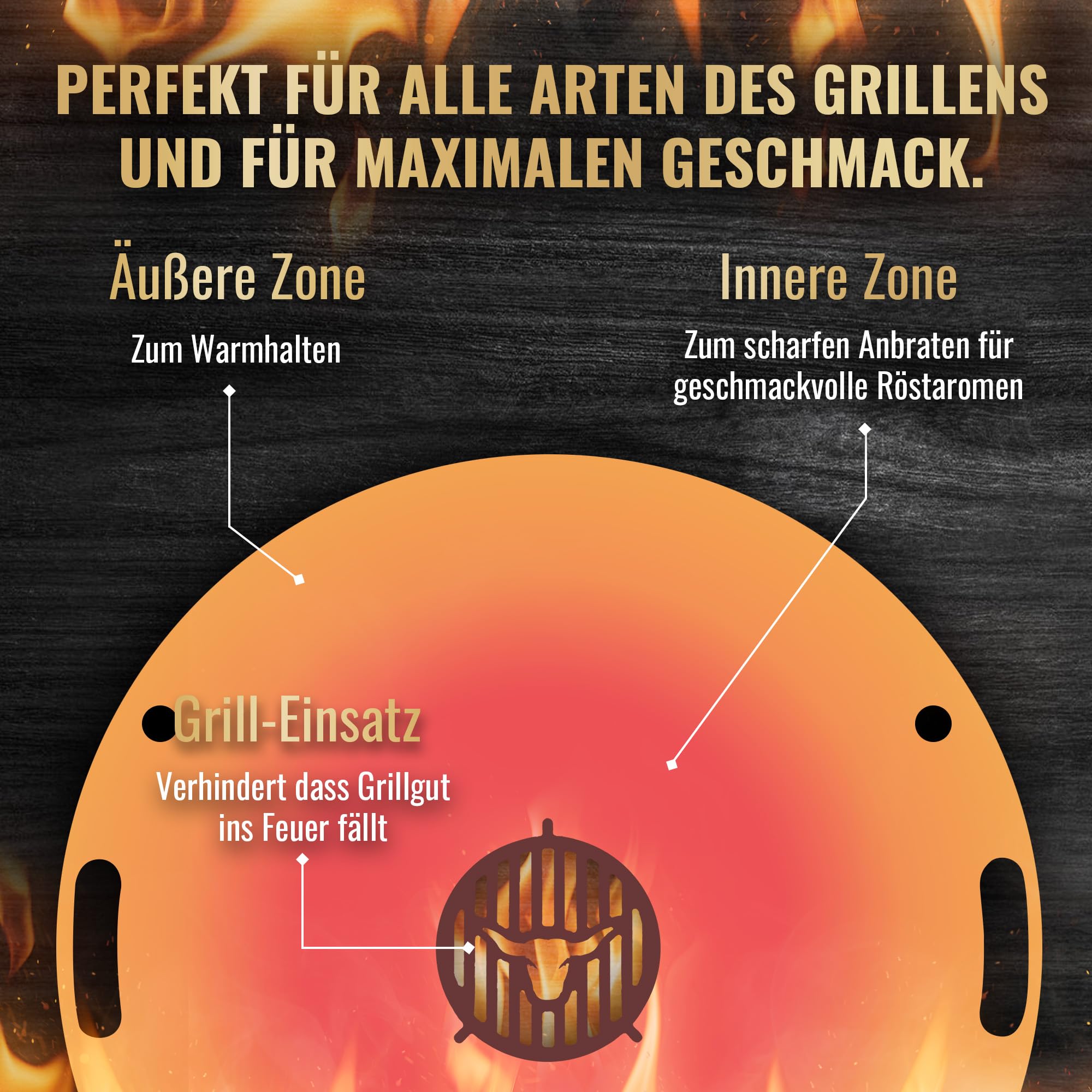 Feuerplatte für Kugelgrill Handgriffe 80 cm, 5 mm Stärke #02 – INKL. Grilleinsatz, Grillplatte für Feuertonne & Feuerschale, Massive Stahlplatte Plancha Grillring für BBQ & Teppanyaki