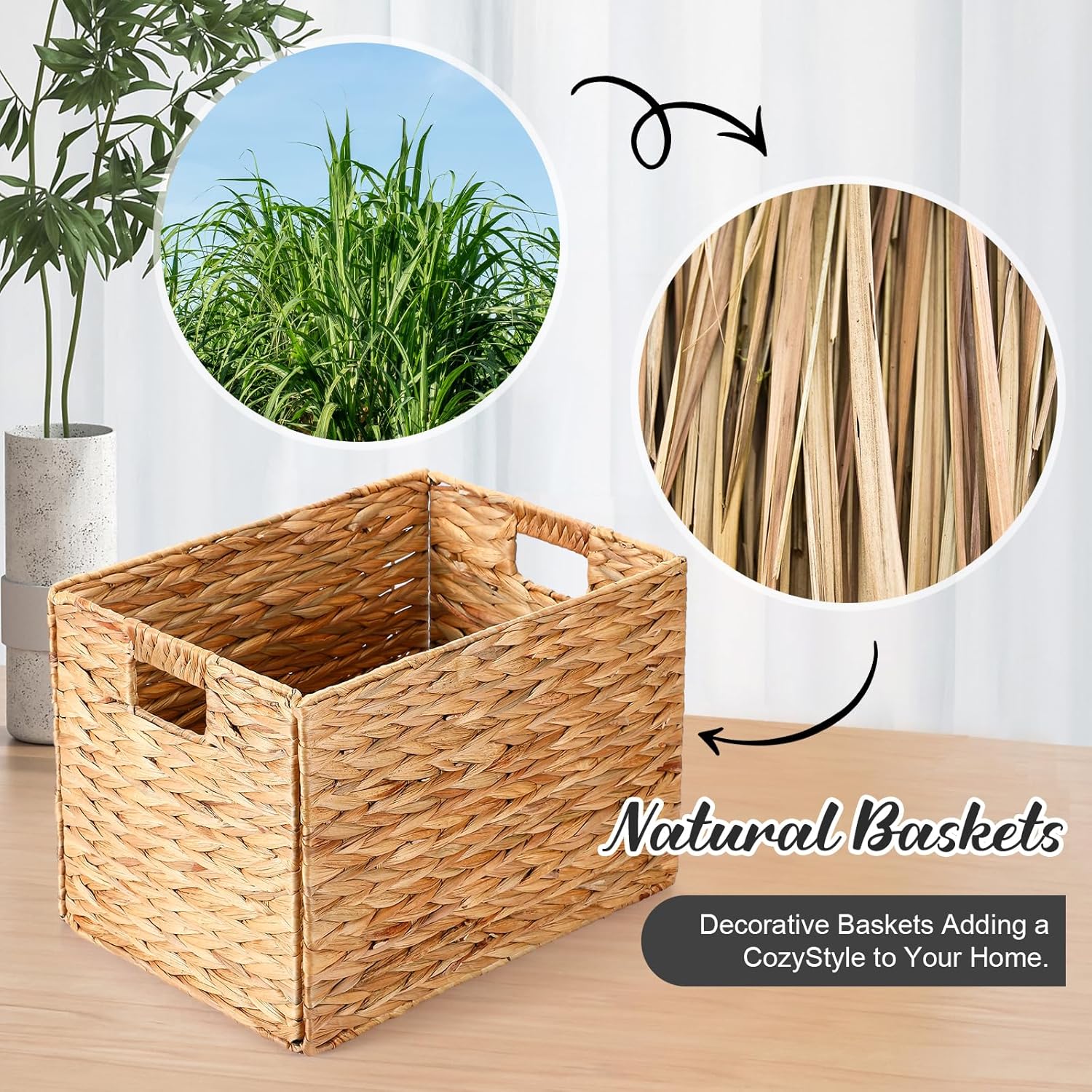Layhit 4 Pcs Wicker Storage Basket Water Hyacinth Handwoven Baskets with Handles Foldable Woven Organizer Multipurpose Wicker Storage Bins for Bedroom Living Room(16 x 11 x 11'',Natural)