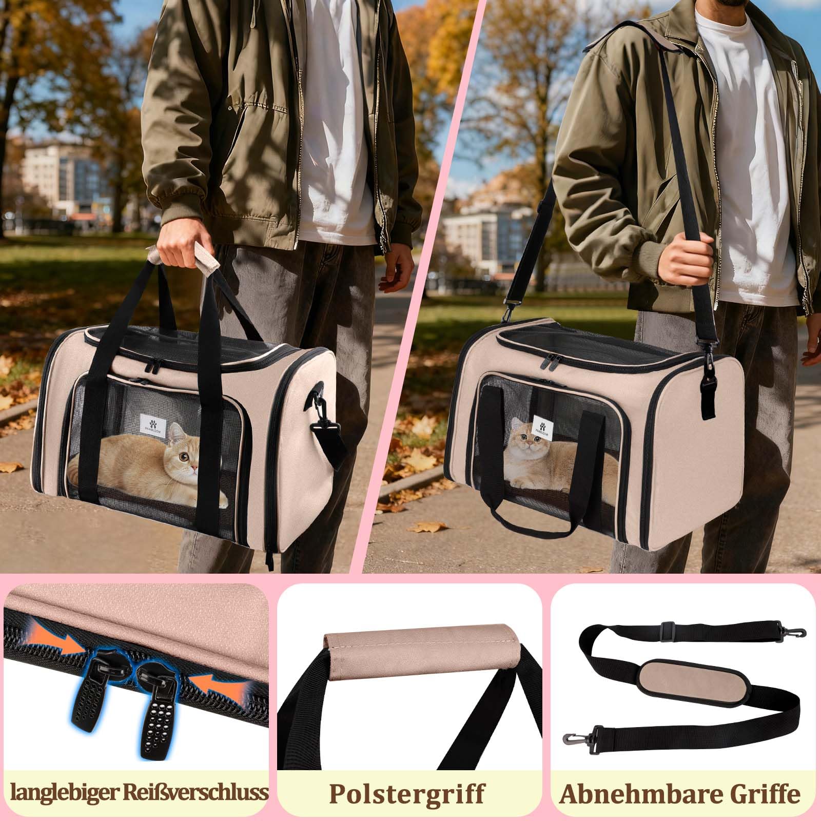 Katzentransportbox, Faltbare Transportbox Katzen und Hunde mit Plüsch-Einlage und Kühlmatte aus Strohgeflecht – für alle Jahreszeiten geeignet, Ideal für Der Gang zum Tierarzt Auto Fugzeug