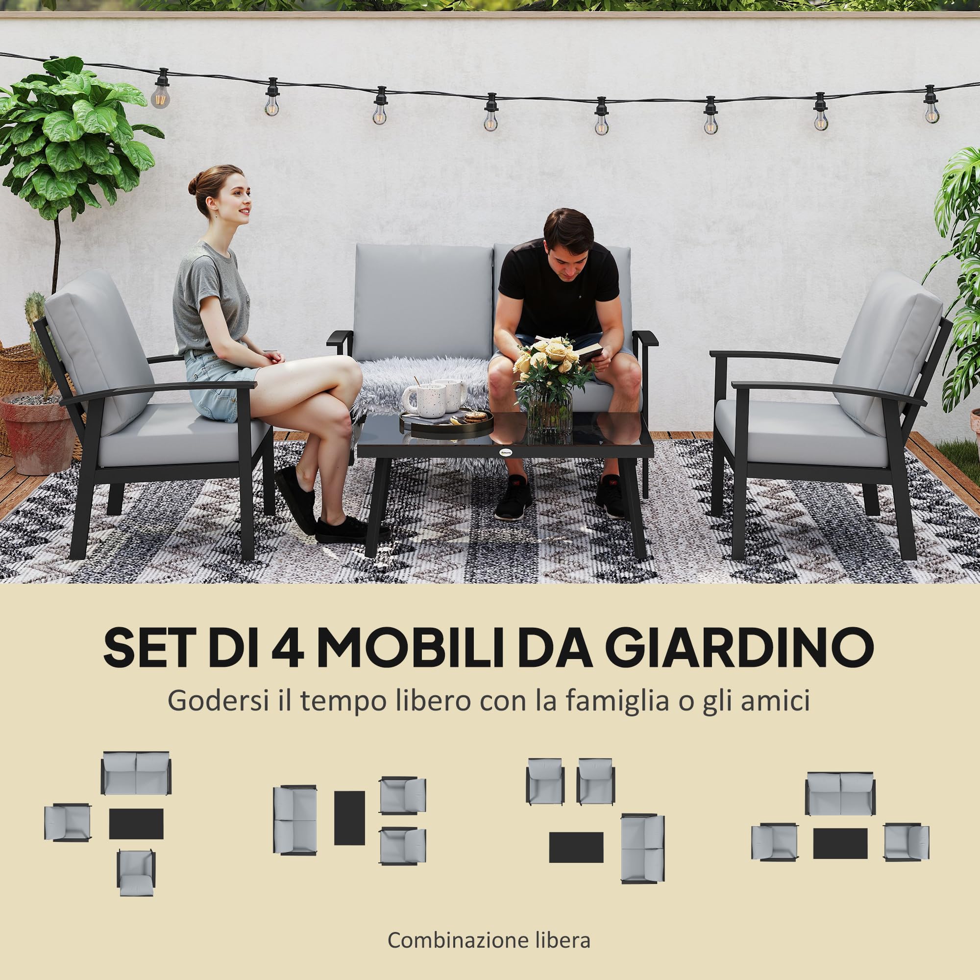 Outsunny Set Salotto da Giardino da 4 Pezzi in Alluminio, Set di Mobili con Divanetto da Esterno a 2 Posti, 2 Poltrone e Tavolo da Caffè con Piano in Vetro e Cuscini Sfoderabili, Grigio Carbone