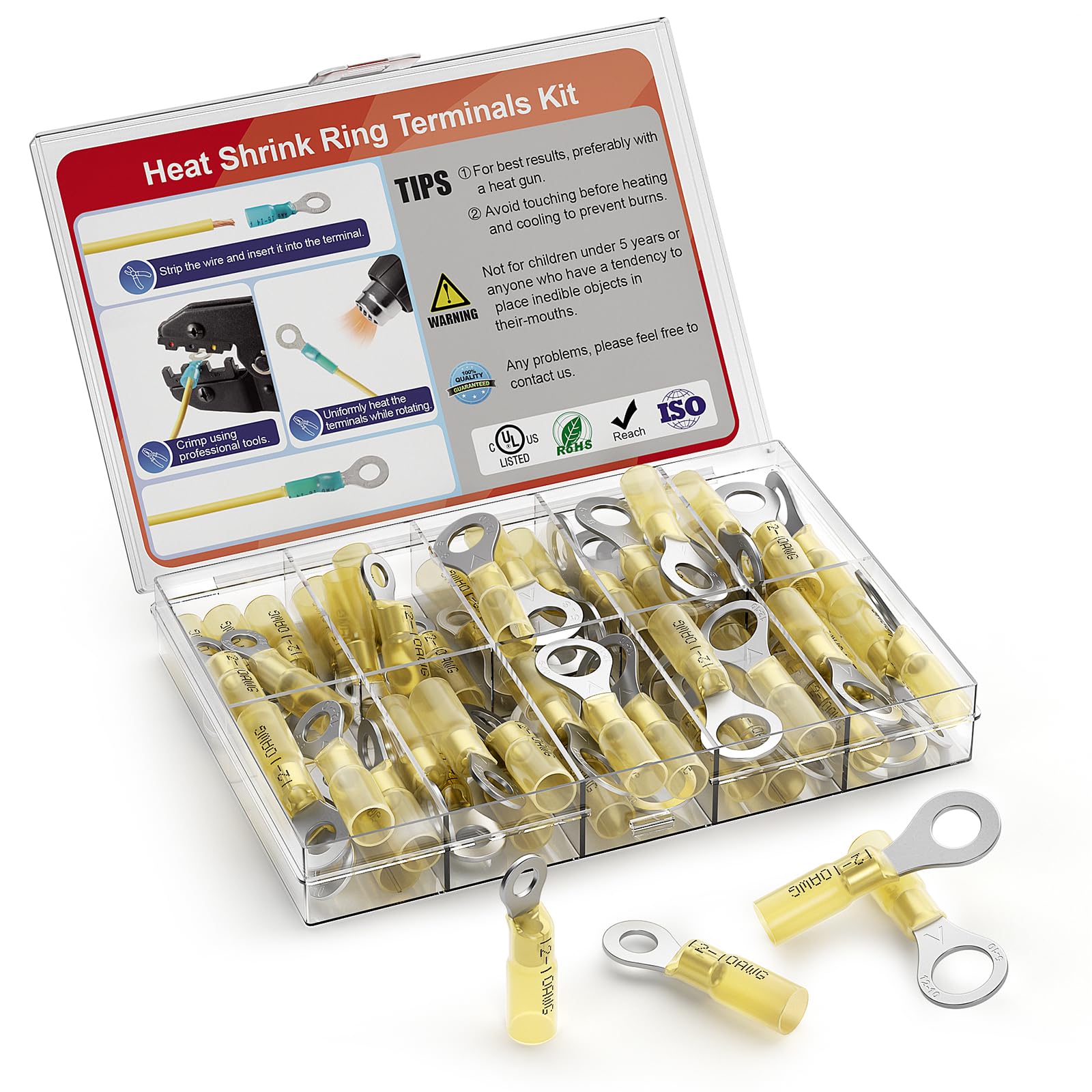 AIRIC 12-10 AWG Heat Shrink Ring Terminals Kit #10, 1/4", 5/16", 3/8", Copper Terminal Connector Ends, Battery Cable Lugs, Yellow Electrical Crimp Connectors, Wire Lug for 12, 10 Gauge Wires, 50 PCS