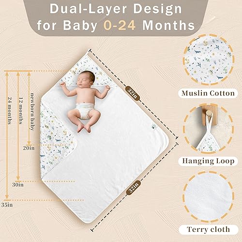 Miniatura 2 de VOOVA & MOVAS Paquete de 2 toallas de baño con capucha para bebé, 100% muselina de algodón, 300 GSM, 32 x 32 pulgadas, 0-24 meses, toalla grande