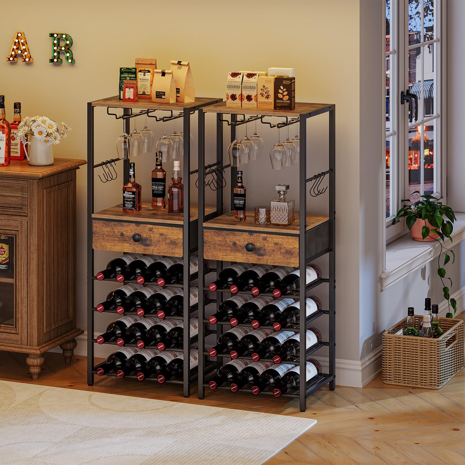 HOOBRO Weinregal für 16 Flaschen, Flaschenregal Holz mit 6 Etagen, Weinständer mit Schublade, Weinschrank, Weinflaschenhalter mit Glashalter 40 x 30 x 102 cm, Flaschen Organizer EBF10JJ01