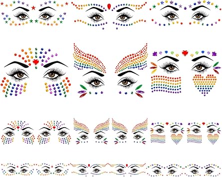 12 Sheets Rainbow Pride Festival Face Gems,Gay Pride Face Eye Jewels Stickers,Self-Adhesive Face Gems Decoration LGBT Makeup Face Jewels for Party Accessories Costume Makeup Decor