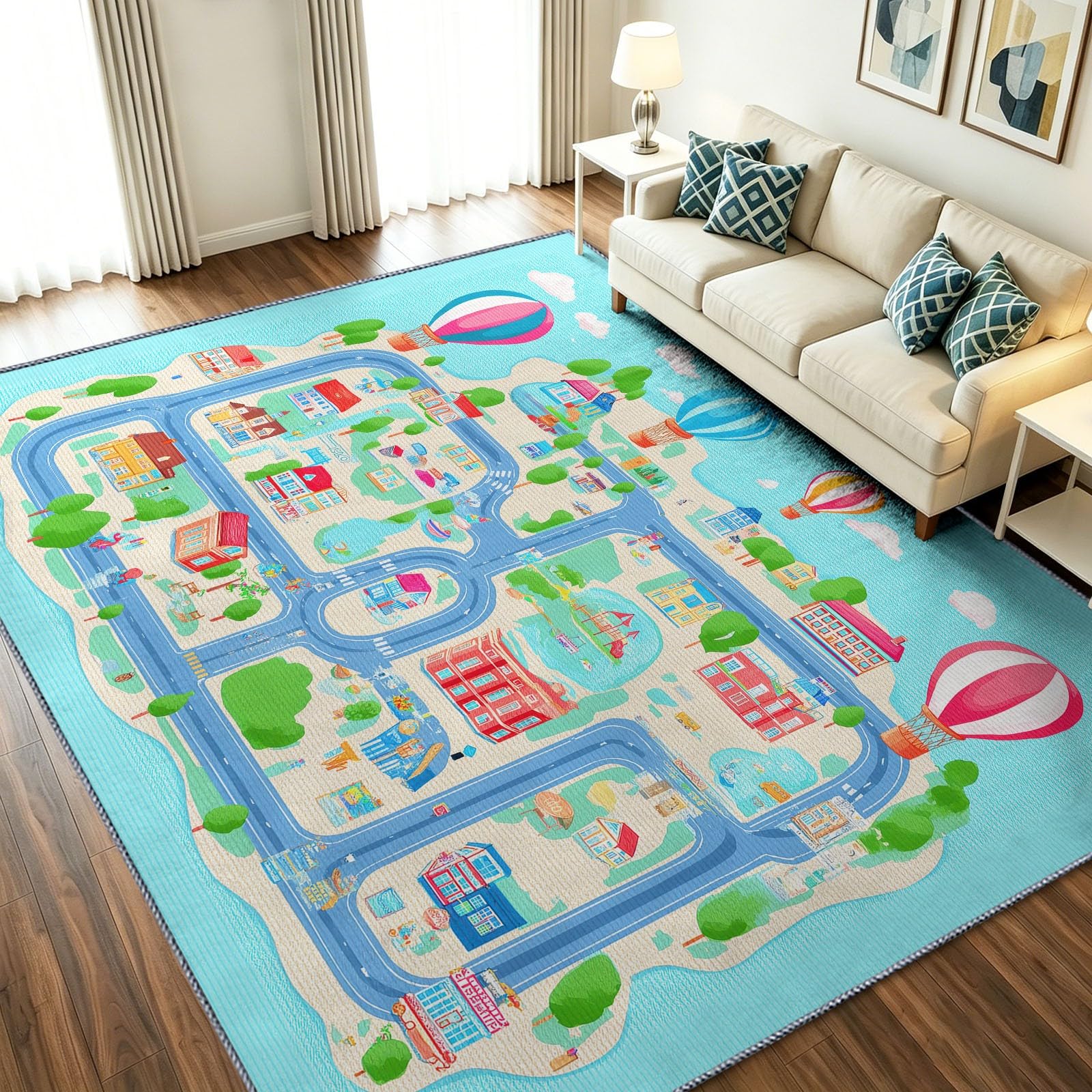 Alfombra de juego antideslizante y lavable azul para evitar caídas de niños