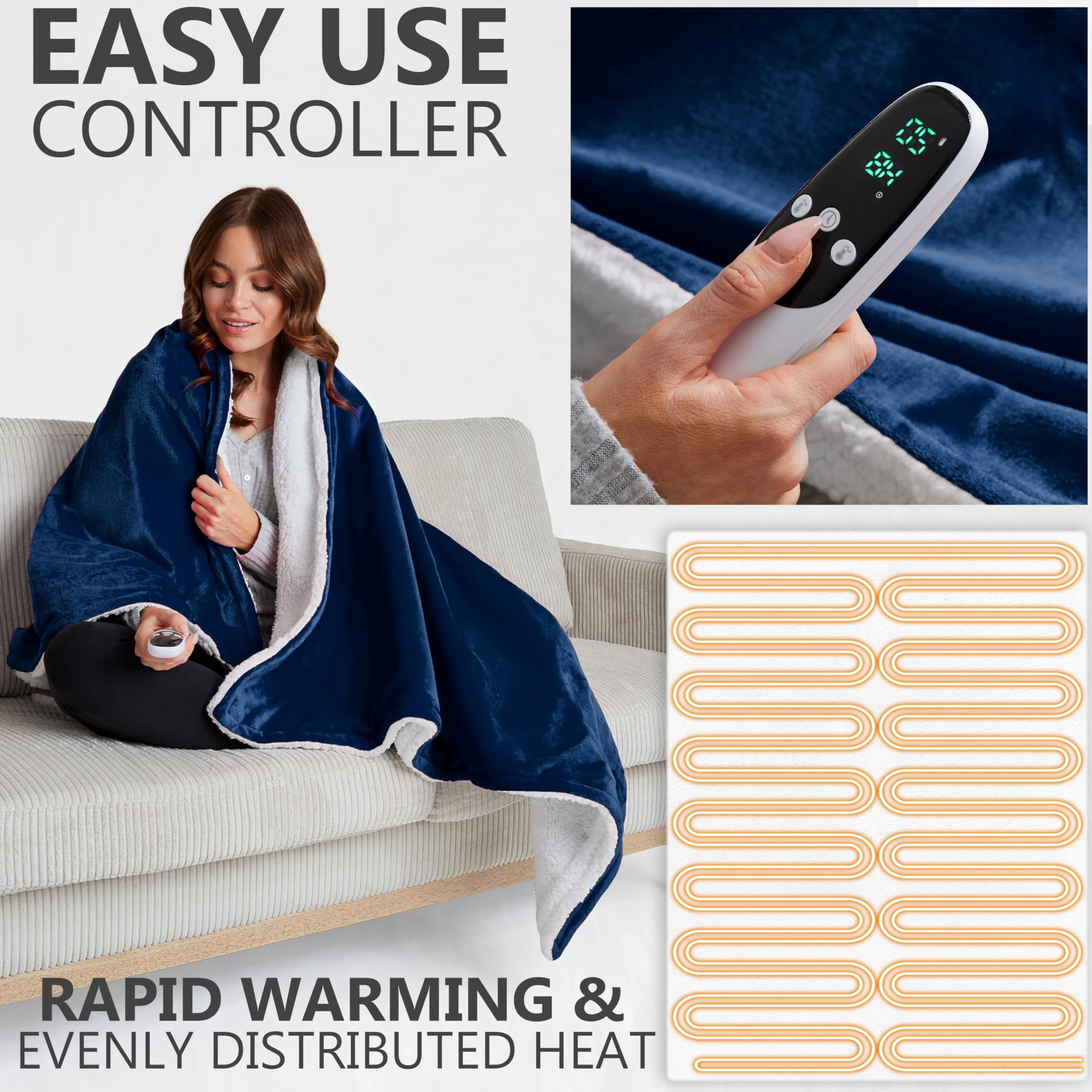 Get Trend Manta Electrica Doble 150x200 cm con 9 Niveles, Temporizador 12h y Protección contra Sobrecalentamiento, Manta Invierno para Cama, Sofá (Azul Marino, Double EU)