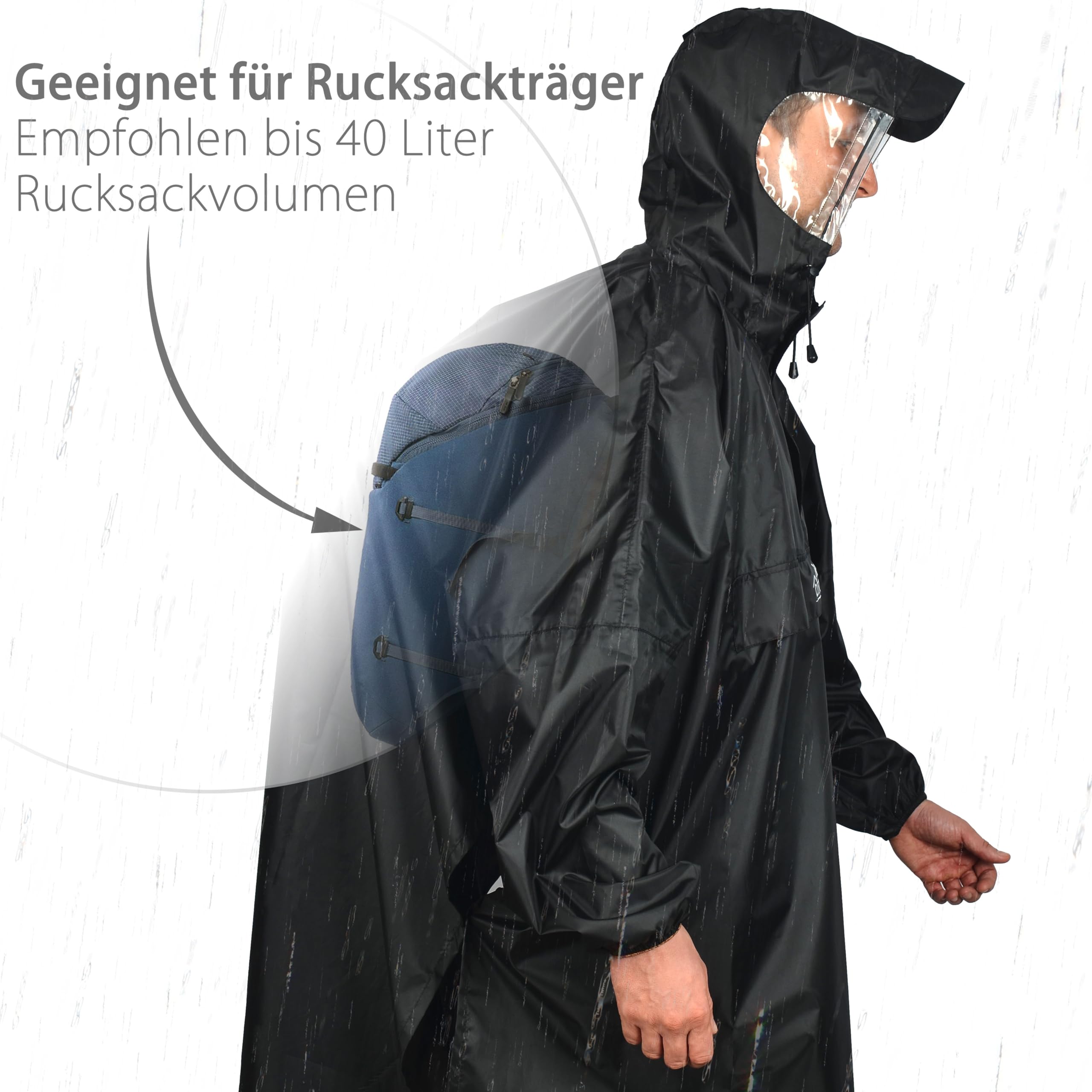 Outdoro - Poncho de lluvia de manga con ventana de navegación en el bolsillo en el pecho, cremallera y ventana - Poncho para hombre y mujer adulta, negro, G-XL