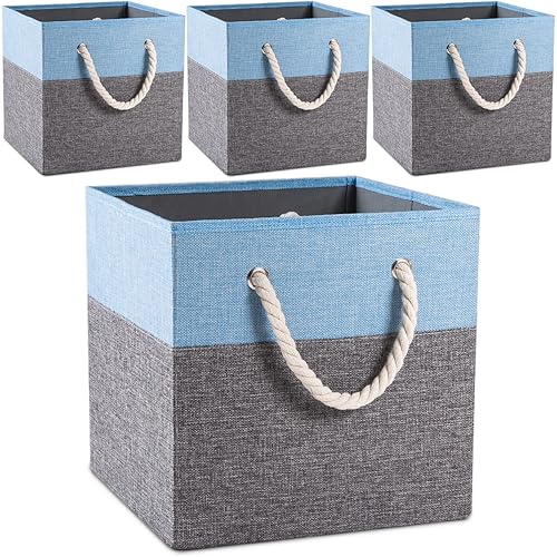 PRANDOM Large Foldable Cube Storage Bins 13x13 inch [4-Pack] Fabric Linen Storage Baskets Cubes Drawer with Cotton Handles Organizer for Shelves Toy Nursery Closet Bedroom Blue