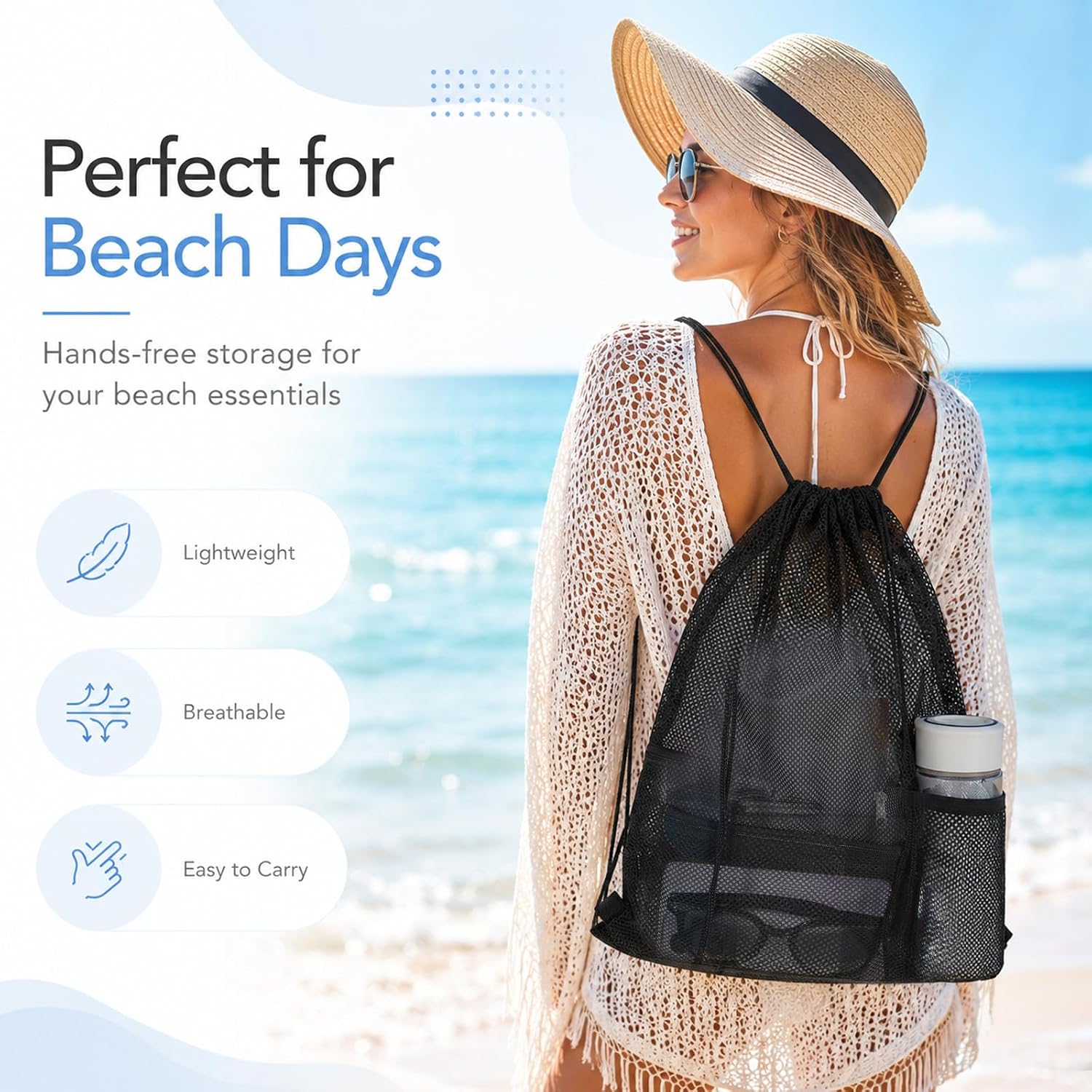 2 Pcs Mesh Drawstring Backpack Bag Heavy Duty Nylon Net Bags with Zipper Pocket Multifunction Mesh Bag Beach Bags for Gym Swimming Beach Toys Clothes