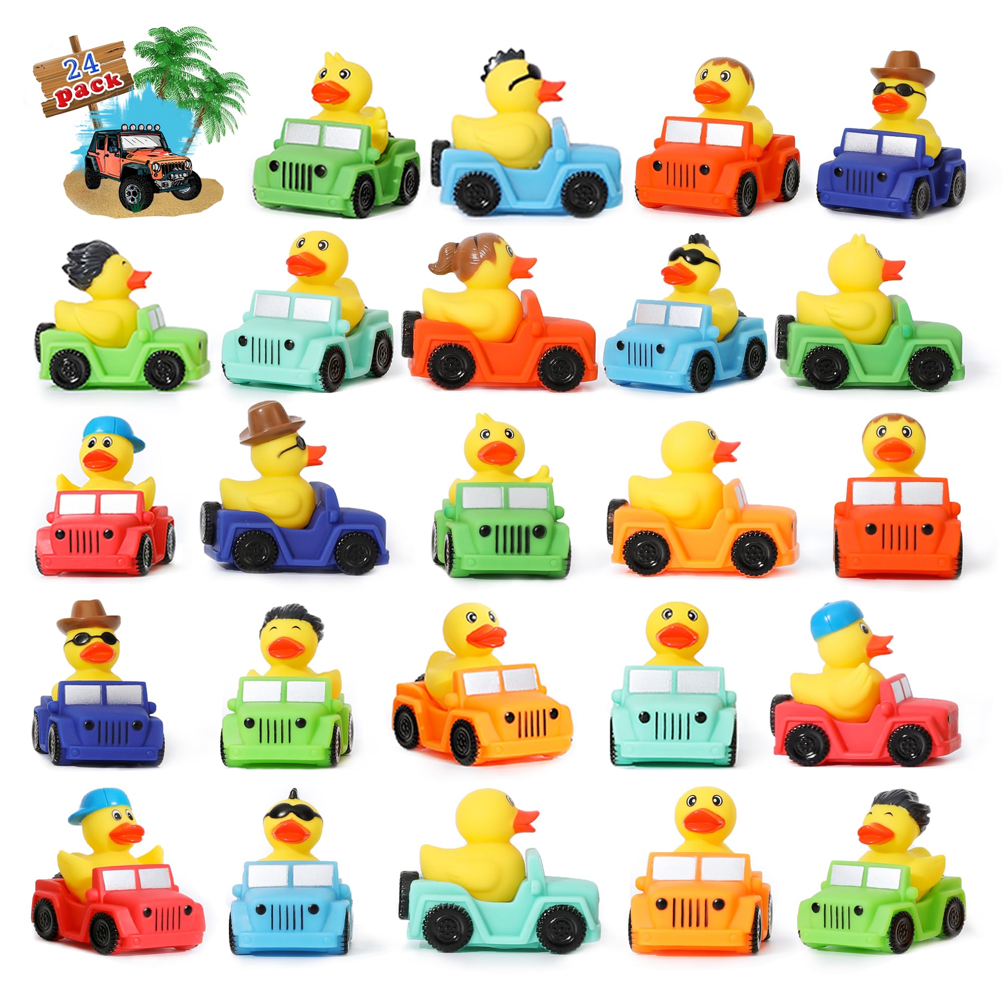 XY-WQ 24 Pack Jeep Rubber Ducks - 3" Bulk Floater Ducks for Kids - Vehicle Shaped - Baby Bath Toy Assortment - Party Favors, Birthdays, Bath Time & More (8 Varieties)