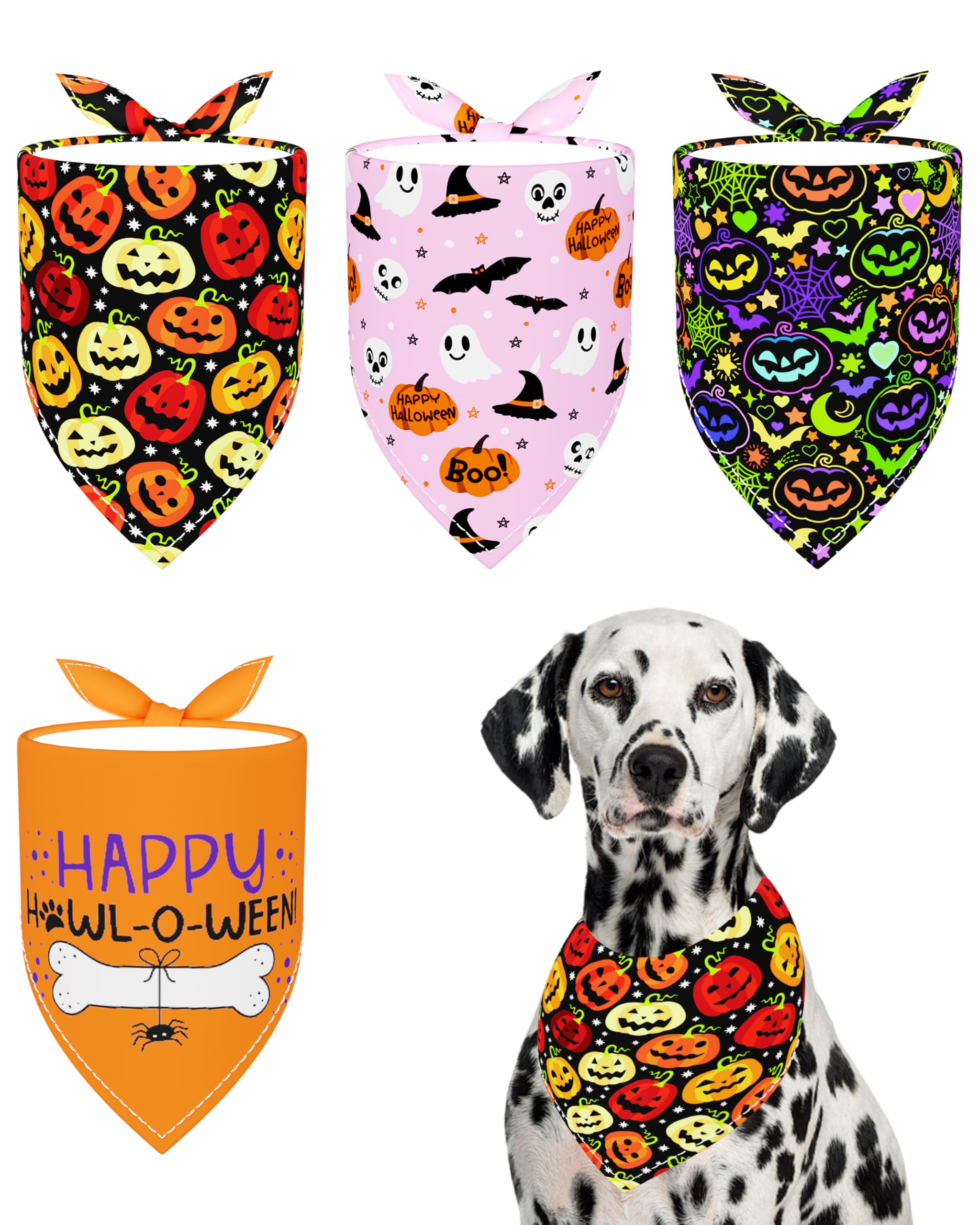 BIPY 4PCS Large Halloween Dog Bandanas with Classic Pumpkin Bat Pattern