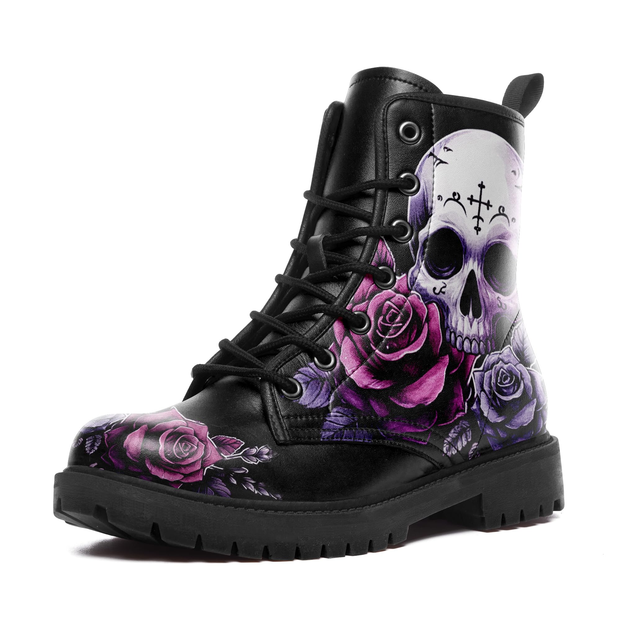 Gothic Combat Boots Skull Roses Lace-Up Ankle Boots for Men Women Hiking Work Punk Platform Booties