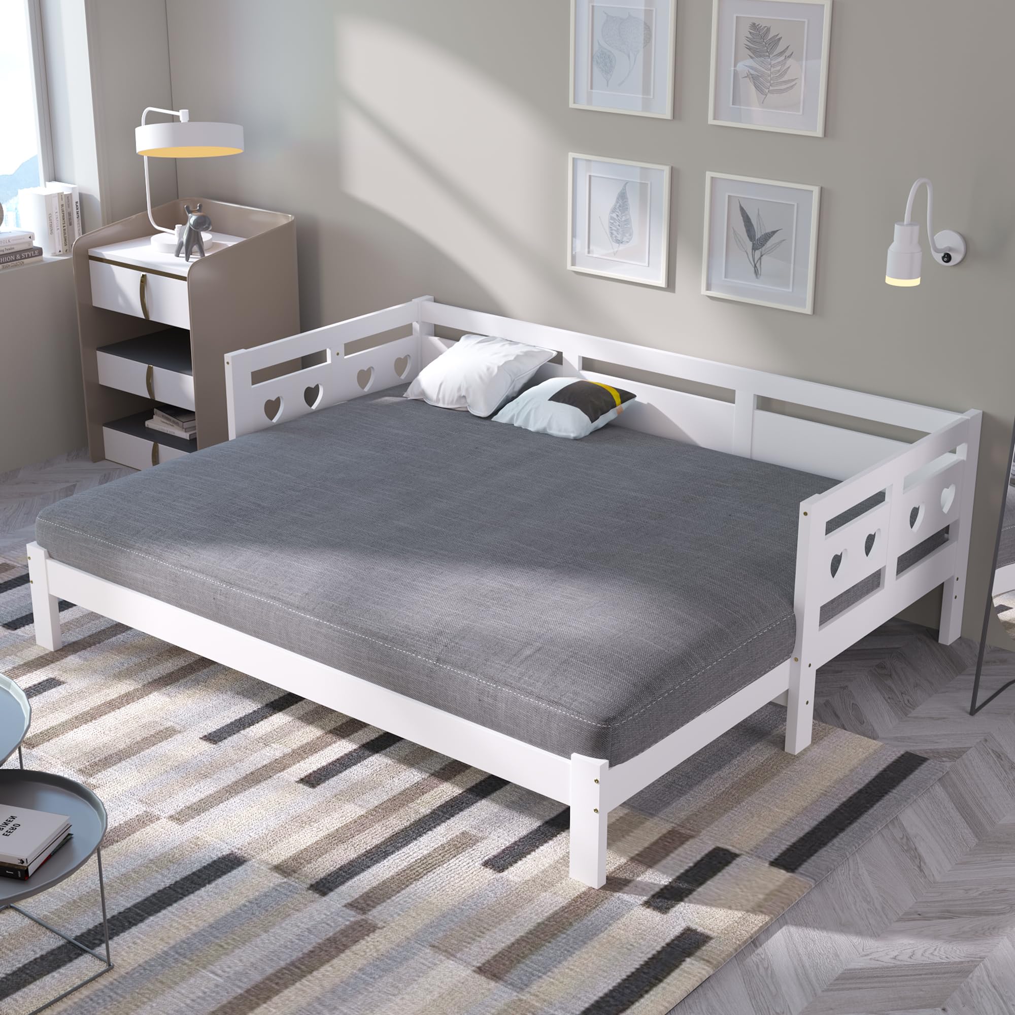 Letto da giorno allungabile, 90 x 190 cm, in pino massiccio, con 2 posti letto e rete a forma di cuore, colore: bianco
