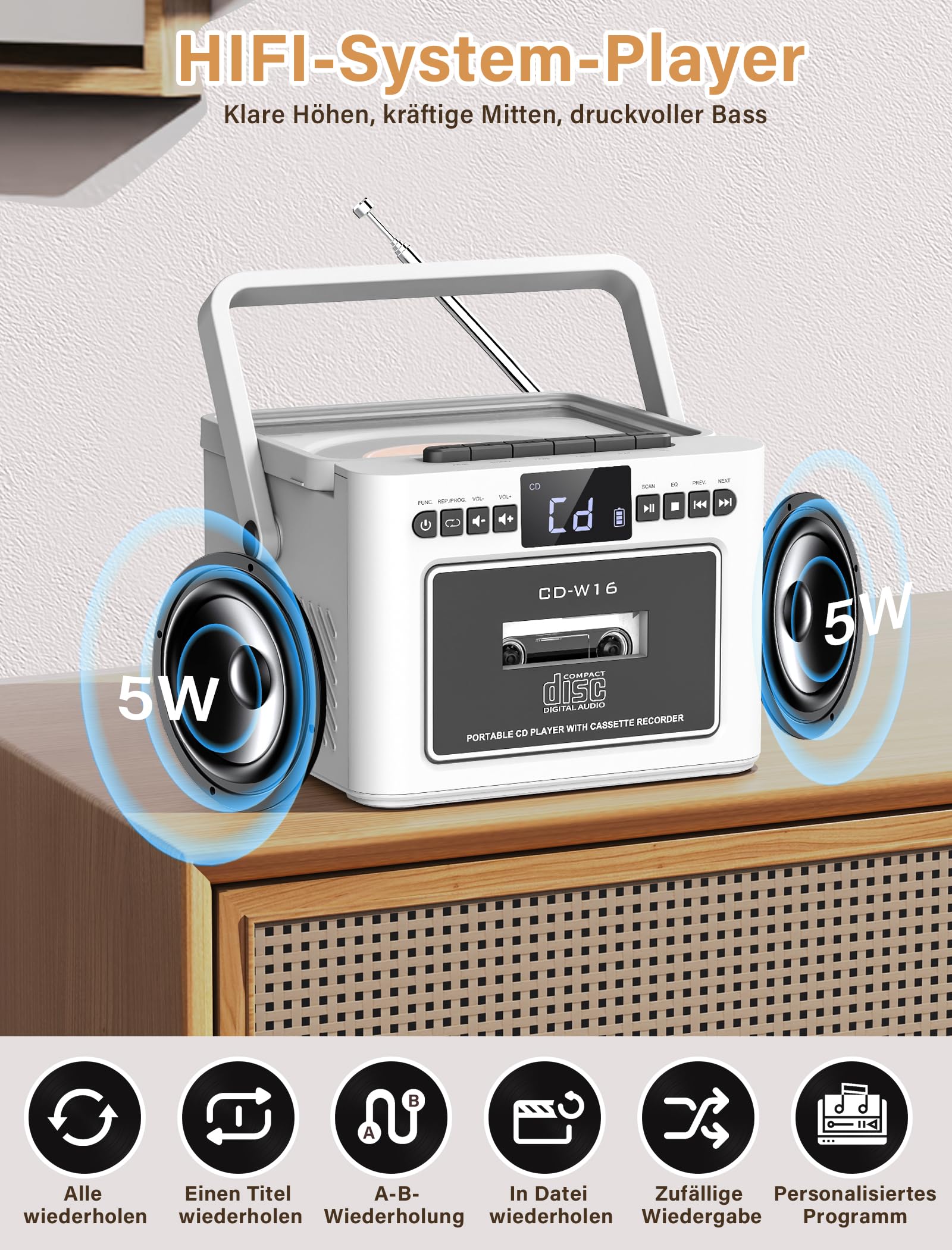 Tragbarer CD & Kassettenplayer Mit Bluetooth - Inkl. Radio, USB Und Fernbedienung