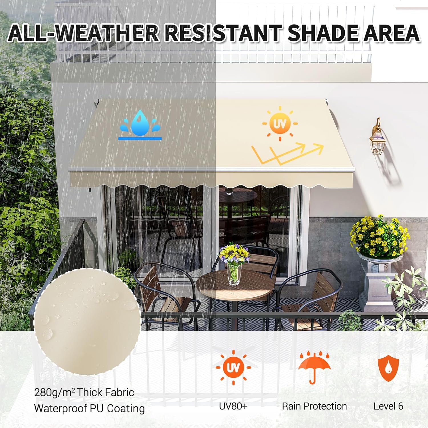 PATISOL 8'x7' Patio Awning Retractable Fully Assembled Manual Sunshade Shelter Aluminum Frame, 100% 280G Polyester Water-Resistant Outdoor Window Door Awning Deck Canopy Balcony Yard Business (Beige)