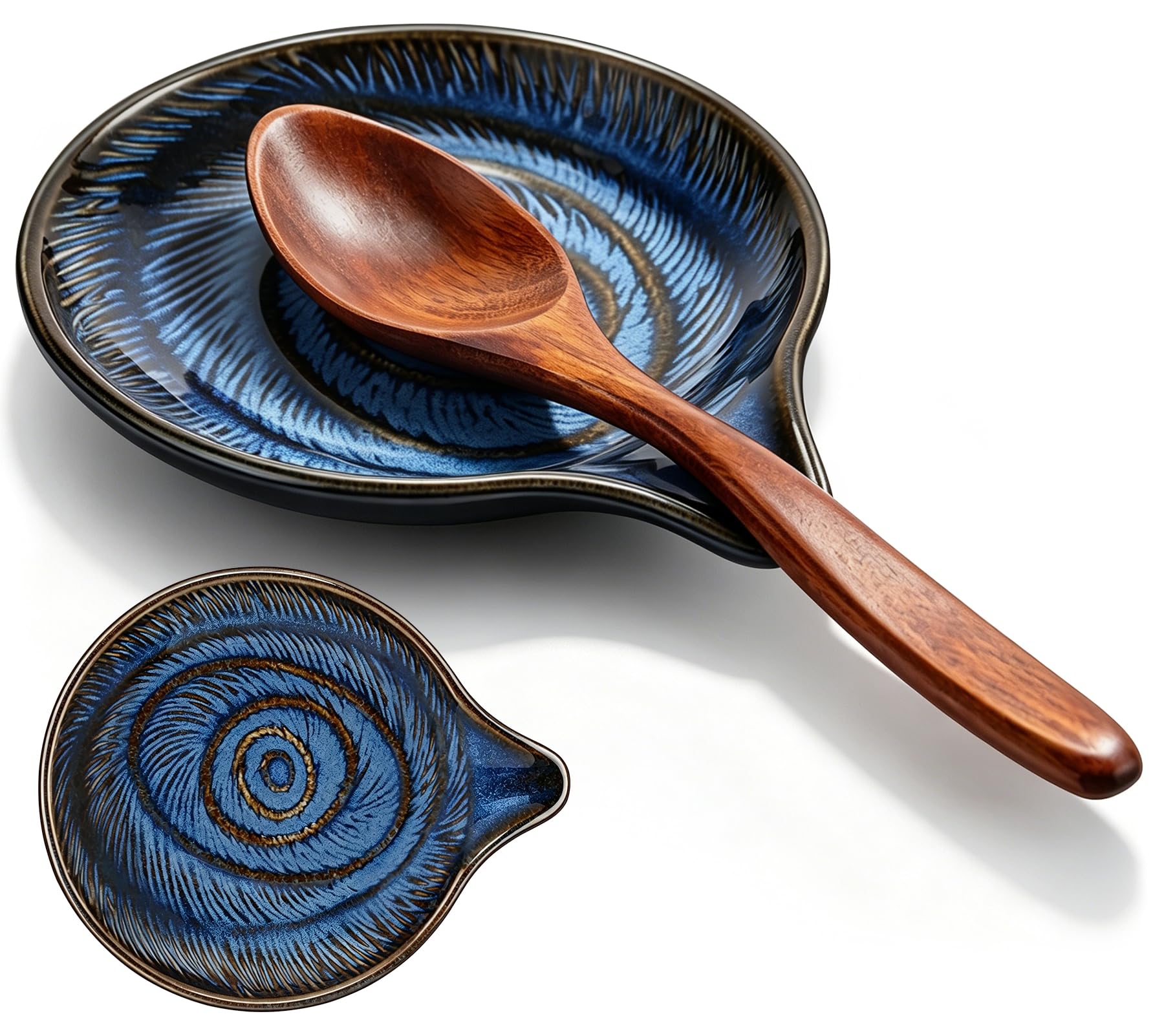 Ceramic Spoon Rest, 4.6 Inch Coffee Spoon Holder for Stove Top, Kitchen Counter, Utensils, Ladle, Coffee Spoons, Cooking spoons, Spatula, Tongs, Heat-Resistant, Feathershadow Blue