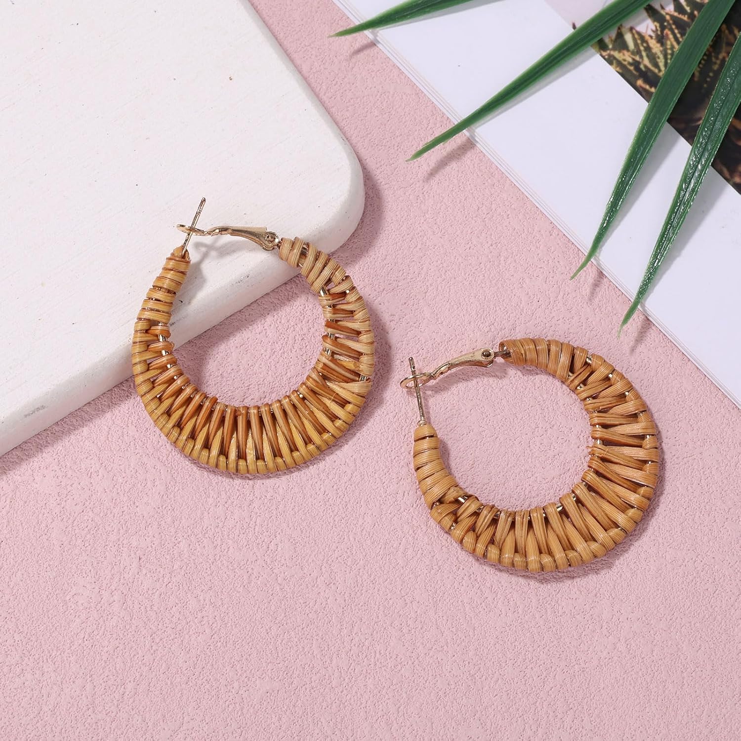 Boho Handwoven Rattan Hoop Earrings, Summer Beach Rattan Earrings Cute Hoop Dangle Drop Lightweight Bohemian Weaving Jewelry for Women Fashion Travel Essentials - Image 4