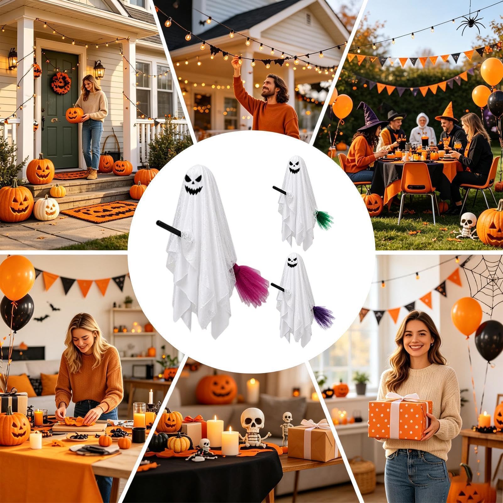 Dekoracja Ducha 3 Sztuki Latających Strasznych Duchów z Wbudowanymi | Dekoracje Ogrodowe Na Halloween Z Miotłą na cmentarz, drzewo, ganek, patio, ogród i przyjęcie