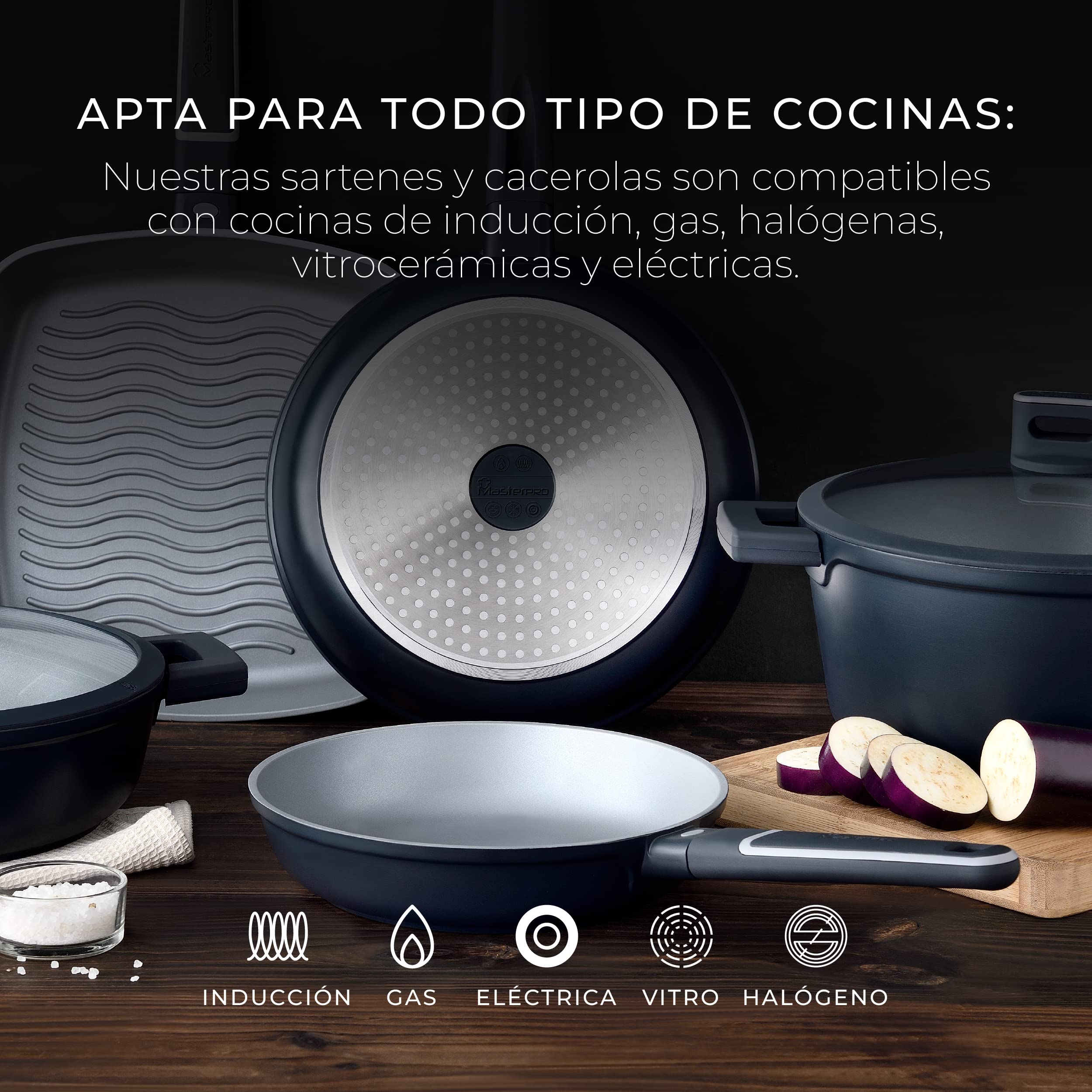 MasterPRO Indigo Sartenes Antiadherentes de 20 24 y 28 cm de Diámetro 5; 5,5 y 6 cm de Altura Fabricadas de Aluminio Fundido Revestimiento Xylan Plus Mango Soft Touch Todo Tipo de Cocinas, BGKIT-0052