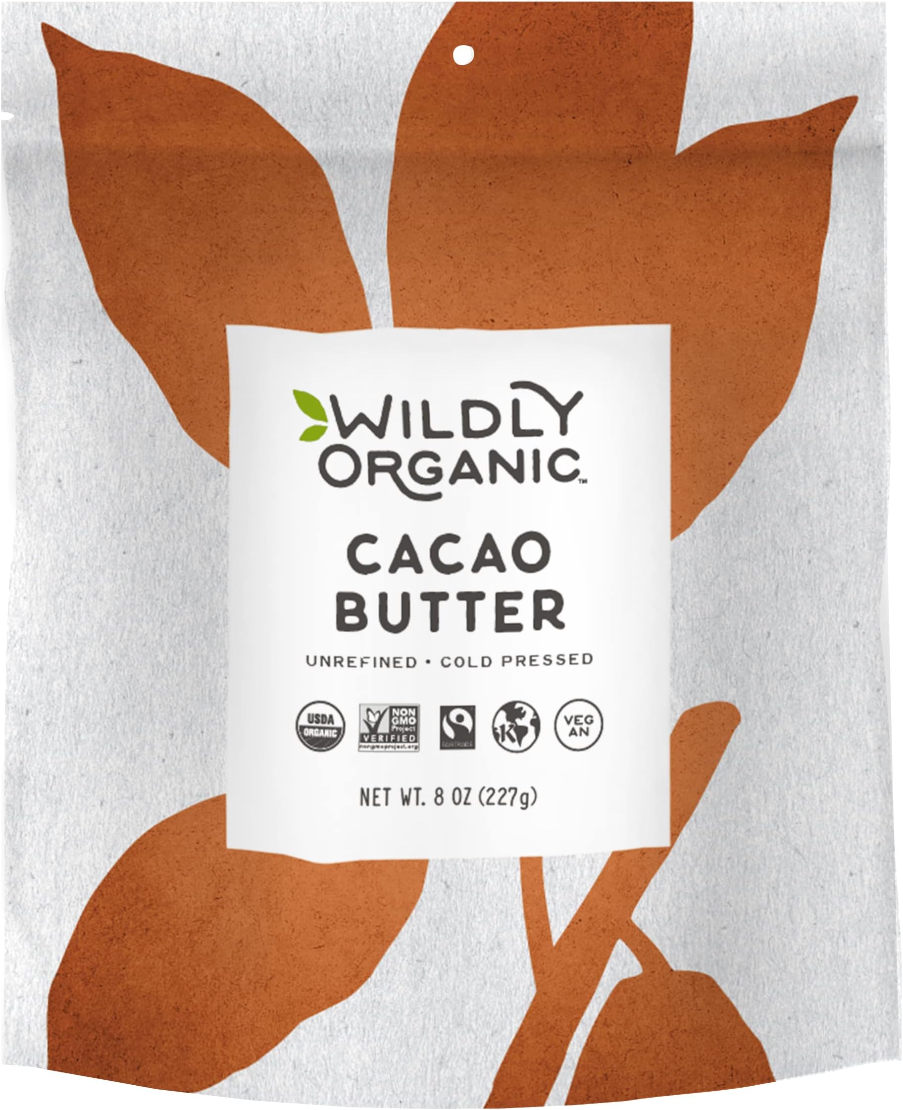 Raw Cacao Butter - Fairtrade certified & USDA Organic, Non-GMO, Kosher, Vegan - Smooth & Delicious- Wildly Organic - 8 Ounces