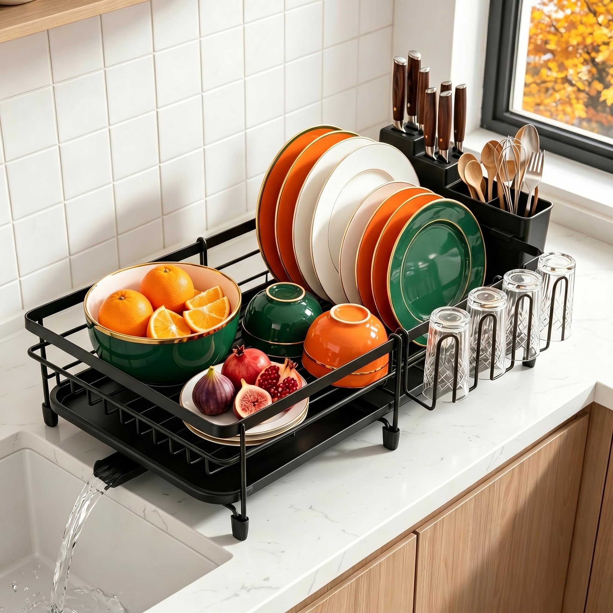 VTCFANA Dish Drying Rack Expandable Dish Drainer Rack,Stainless Steel Sink Dish Rack, 360° Rotating Extendable Spout,Anti-Rust Metal Dish Rack for Kitchen Counter, Black