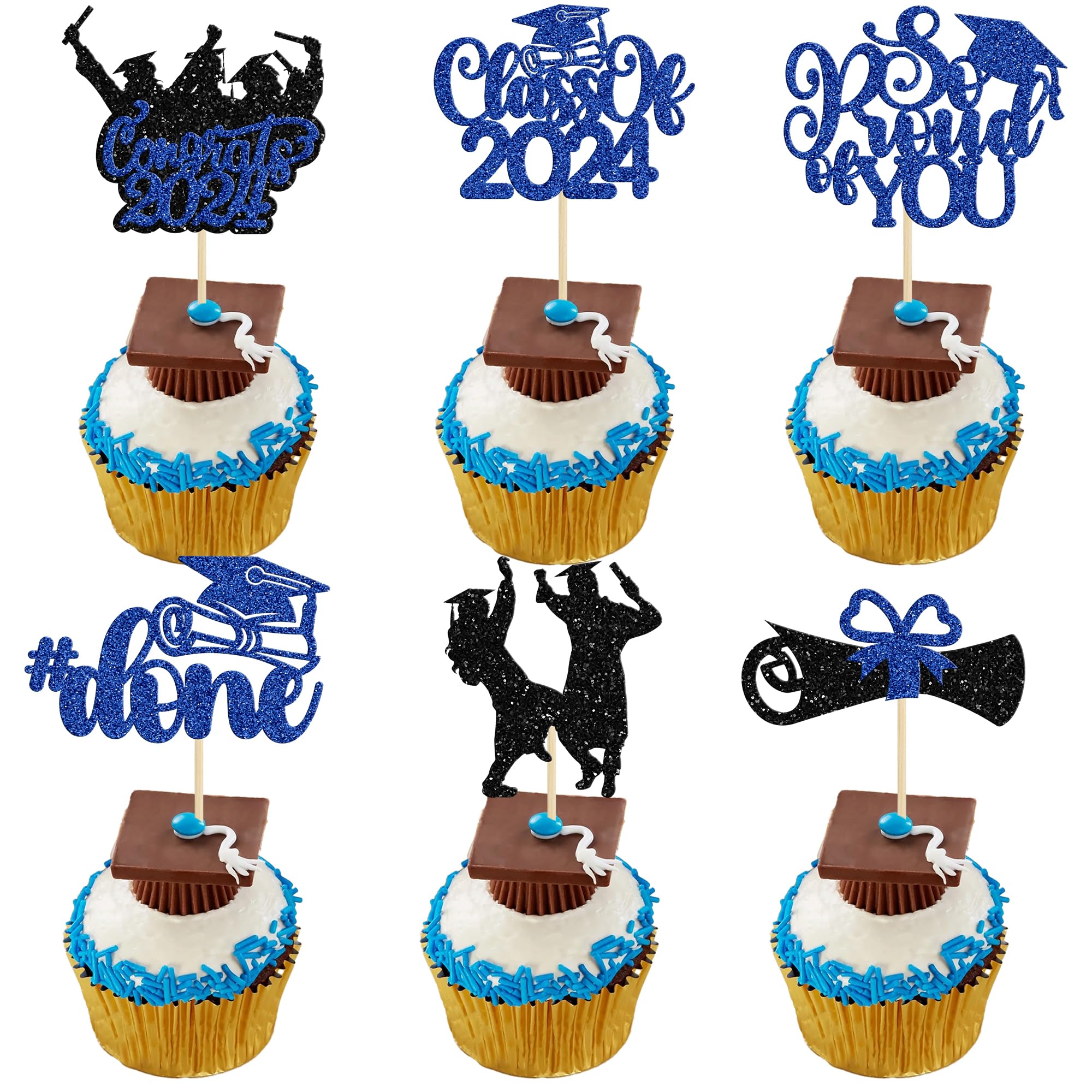 Gyufise 24Pcs 2026 Graduation Theme Cupcake Toppers Glitter So Proud of You Cake Toppers Class of 2026 Cupcake Picks for 2026 Graduation Theme Party Cake Decorations Supplies Blue